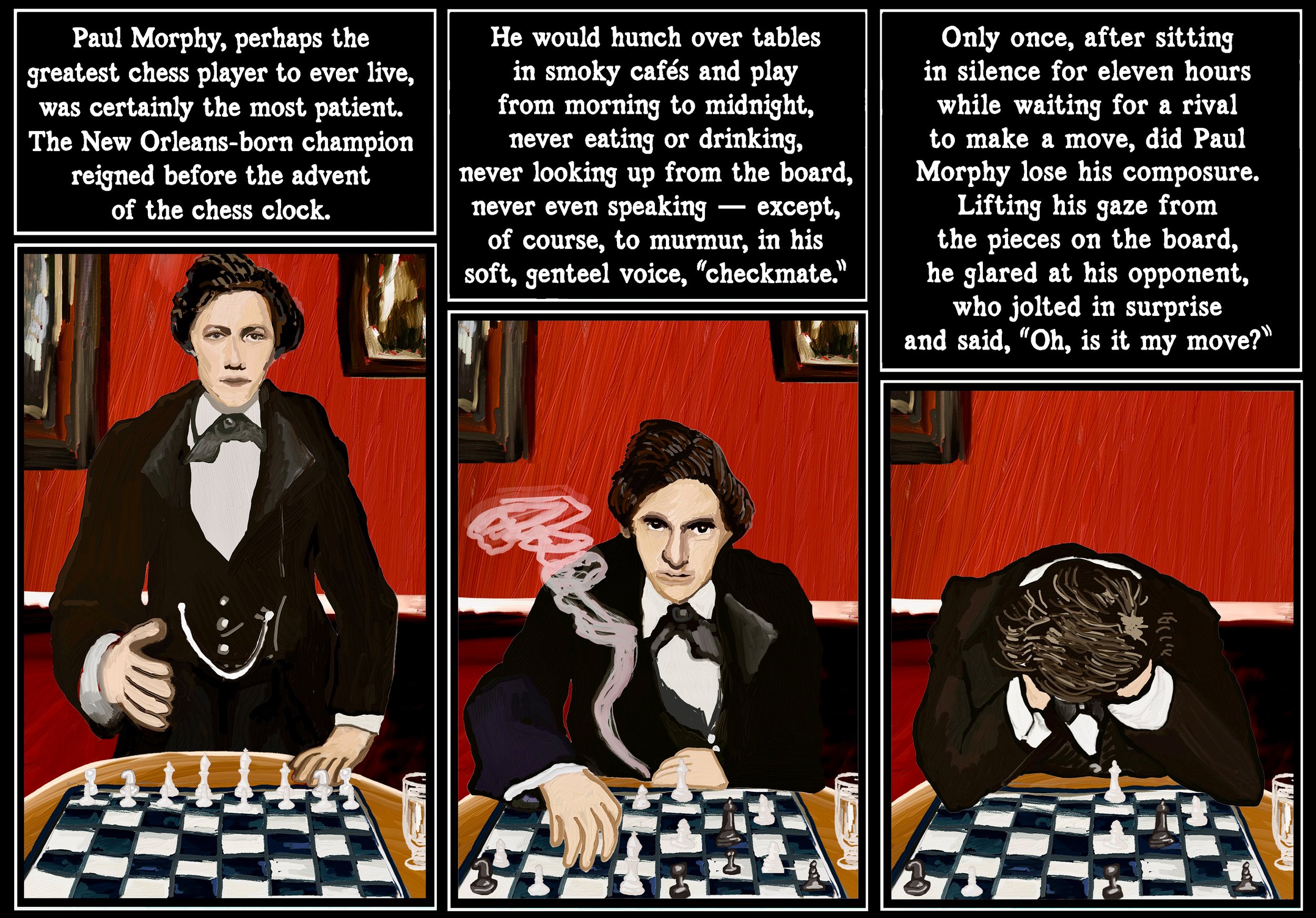 A comic-style illustration of three men playing chess at a table, with a backdrop featuring red walls and framed pictures. The first man is dressed in a black suit with a white shirt, holding a necklace. The second man, also in a black suit with a white shirt, is smoking and resting his chin on his hand. The third man, wearing a black coat and sunglasses, is leaning forward with his head down.