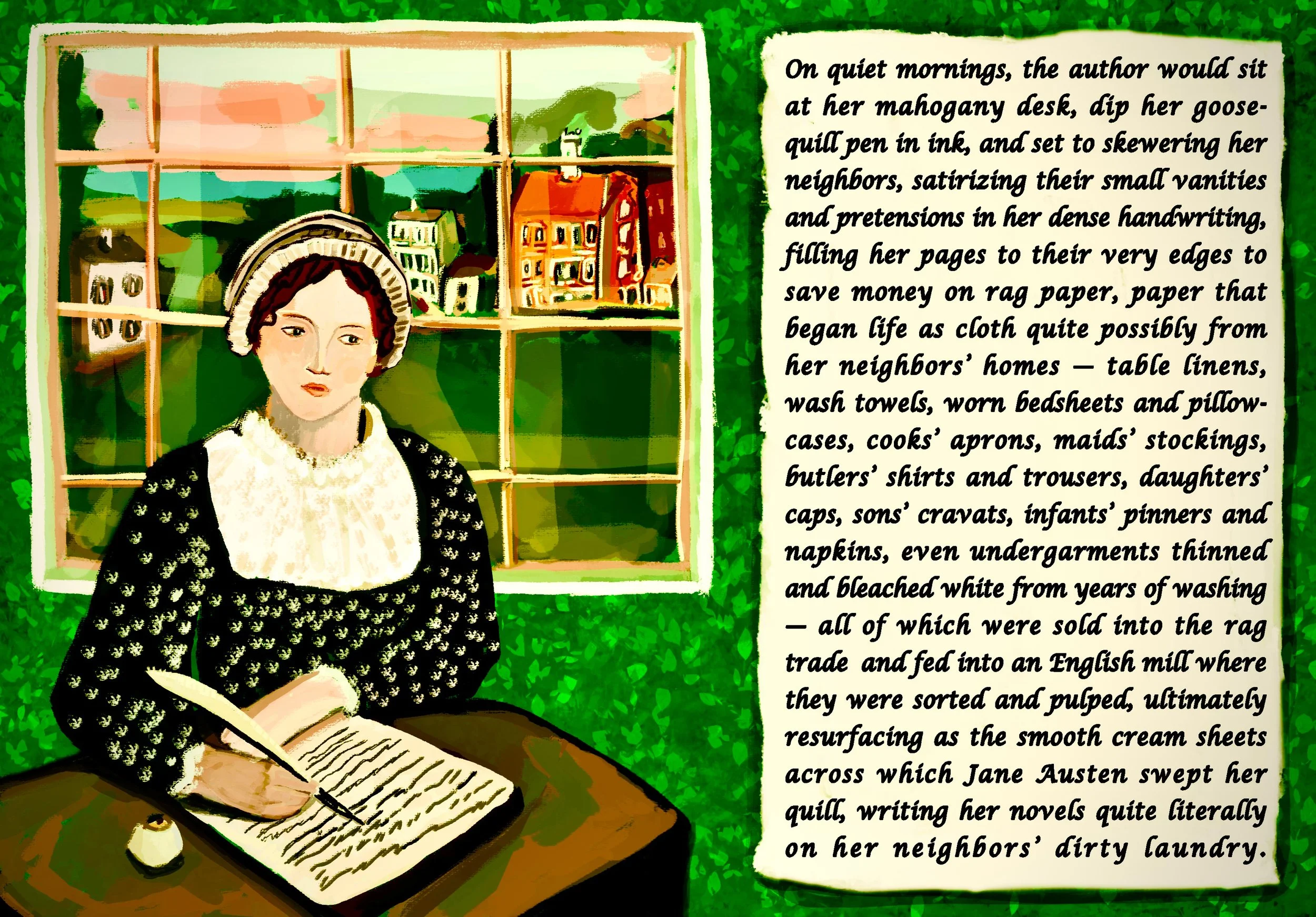An illustration of a woman sitting at her writing desk, with a view outside the window of a small town with houses and green landscape, while she writes with a quill pen.