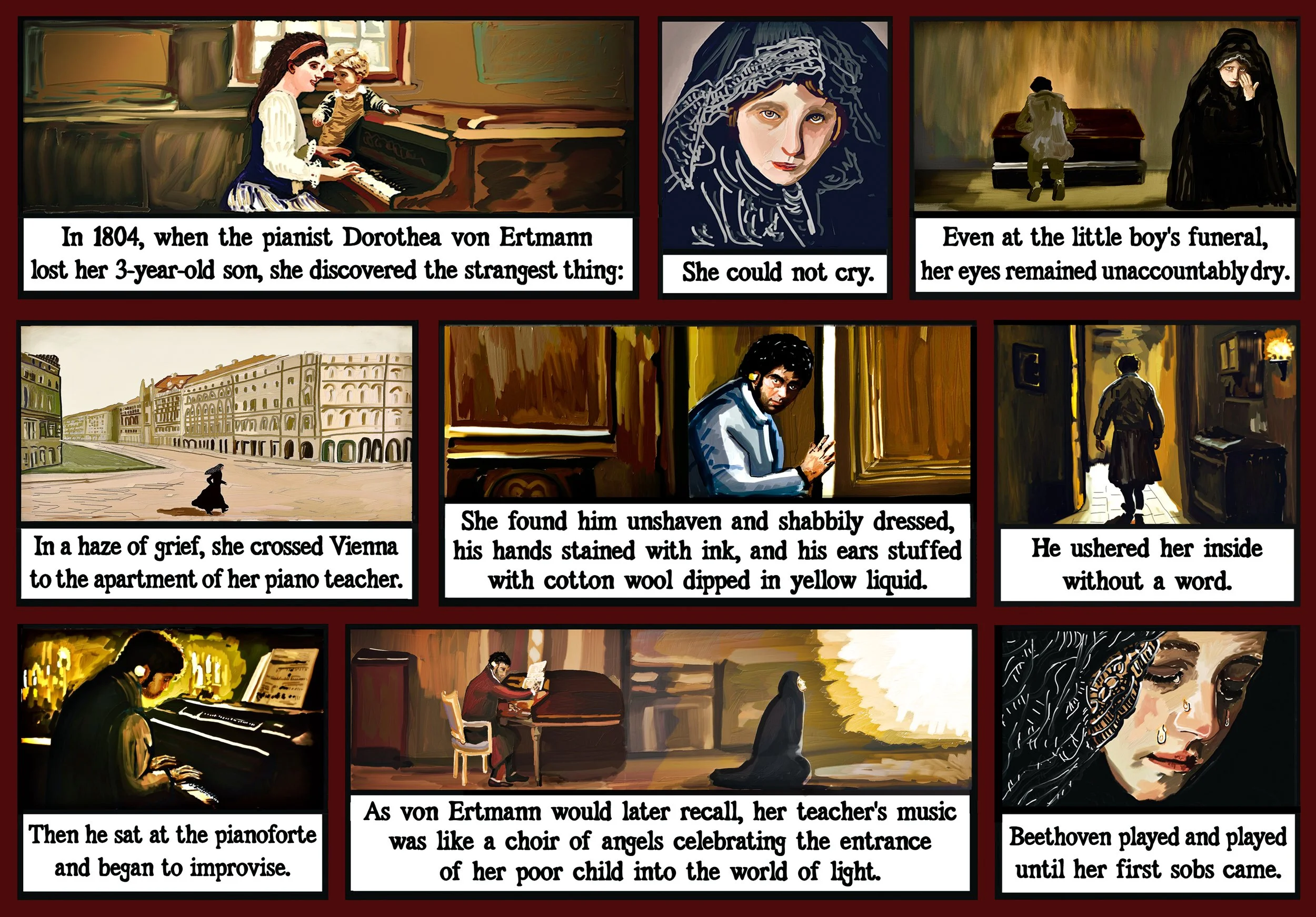 Illustration depicting the story of pianist Dorothea von Ertmann grieving the loss of her son and visiting her piano teacher. The panels show her being unable to cry, attending the funeral, and visiting the teacher in Vienna. He is described as disheveled with ink-stained hands. He plays the piano for her, evoking tears as she describes the music as angelic.