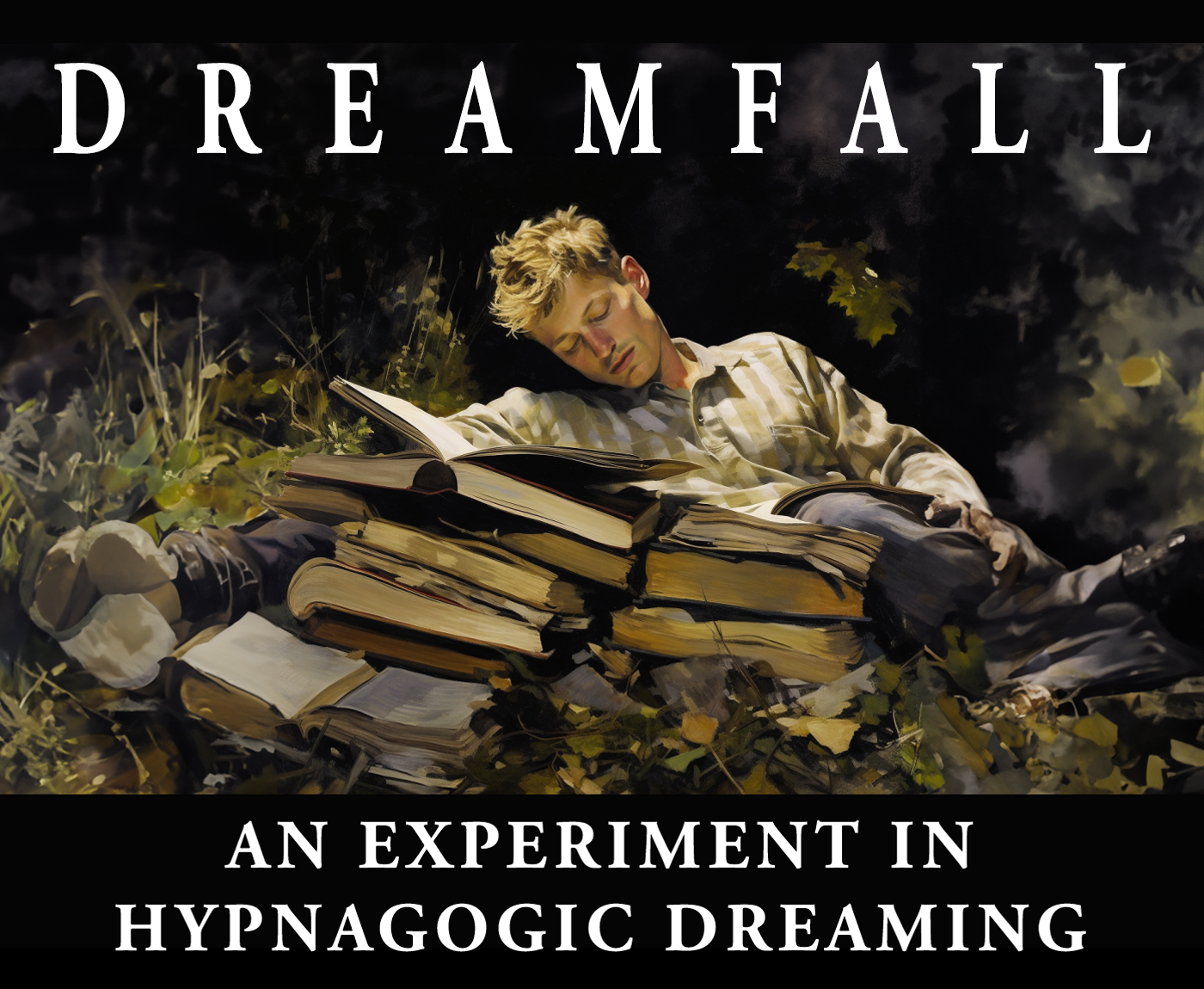 A man is sleeping outdoors on a pile of books, with an open book beside him. The background features greenery, suggesting a natural setting. The text above reads "Dreamfall" and below says "An Experiment in Hypnagogic Dreaming."