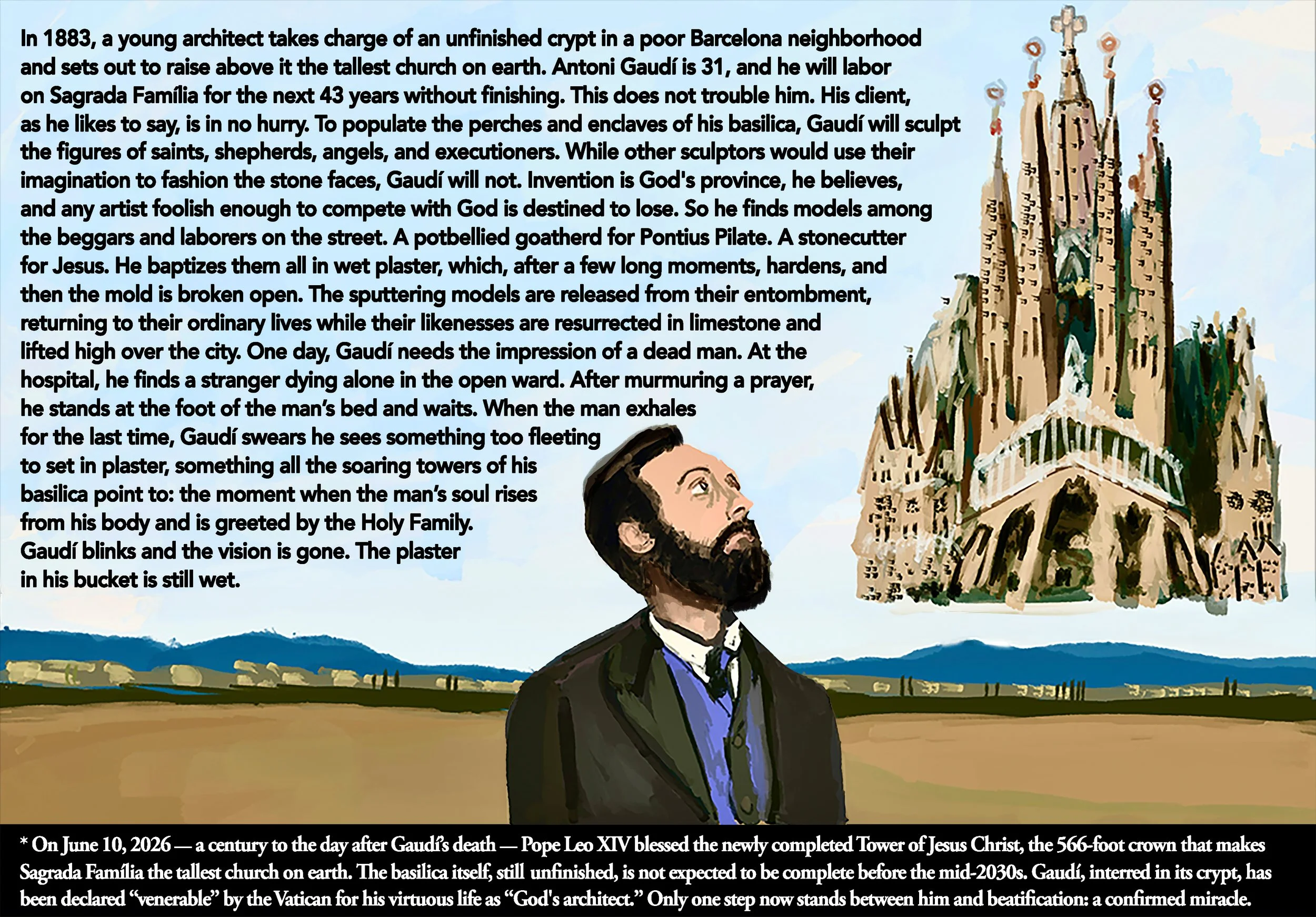 Illustration of Antoní Gaudí standing in front of the Sagrada Família in Barcelona, with their main towers and intricate architecture visible. Behind him is a background of a blue sky and a flat landscape.
