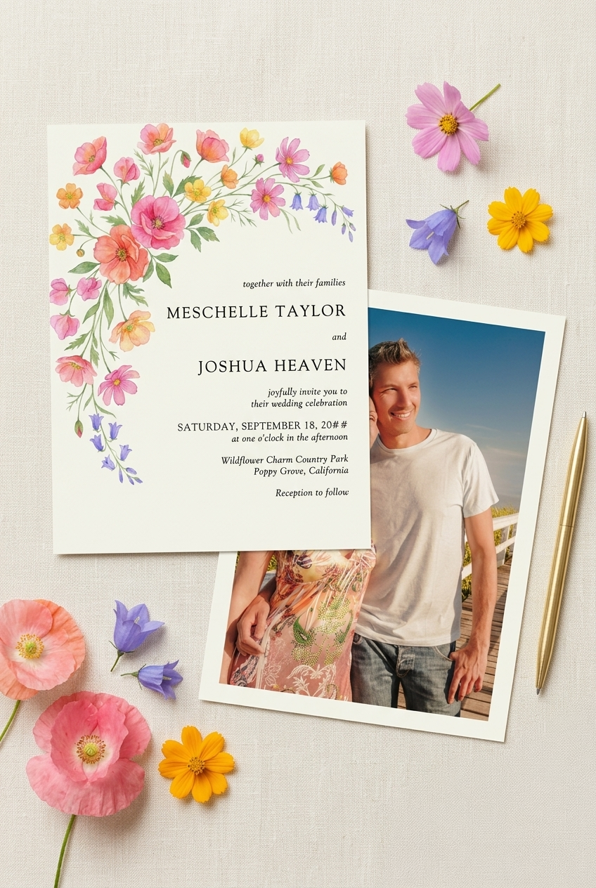 wildflower bloom wedding invitation with couple photo on the back