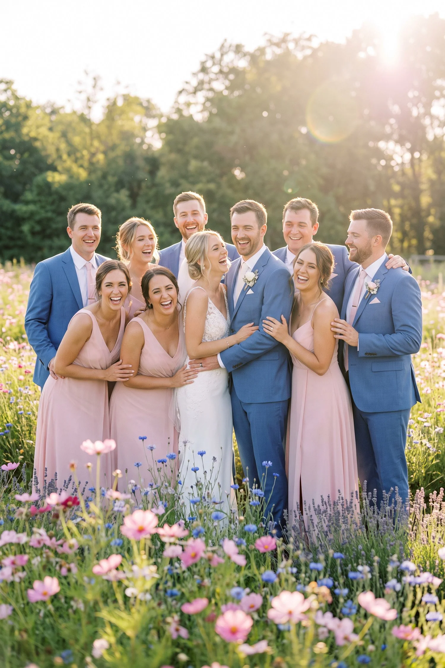 A happy photo of the full wedding party outdoors, wearing pink and cornflower blue outfits