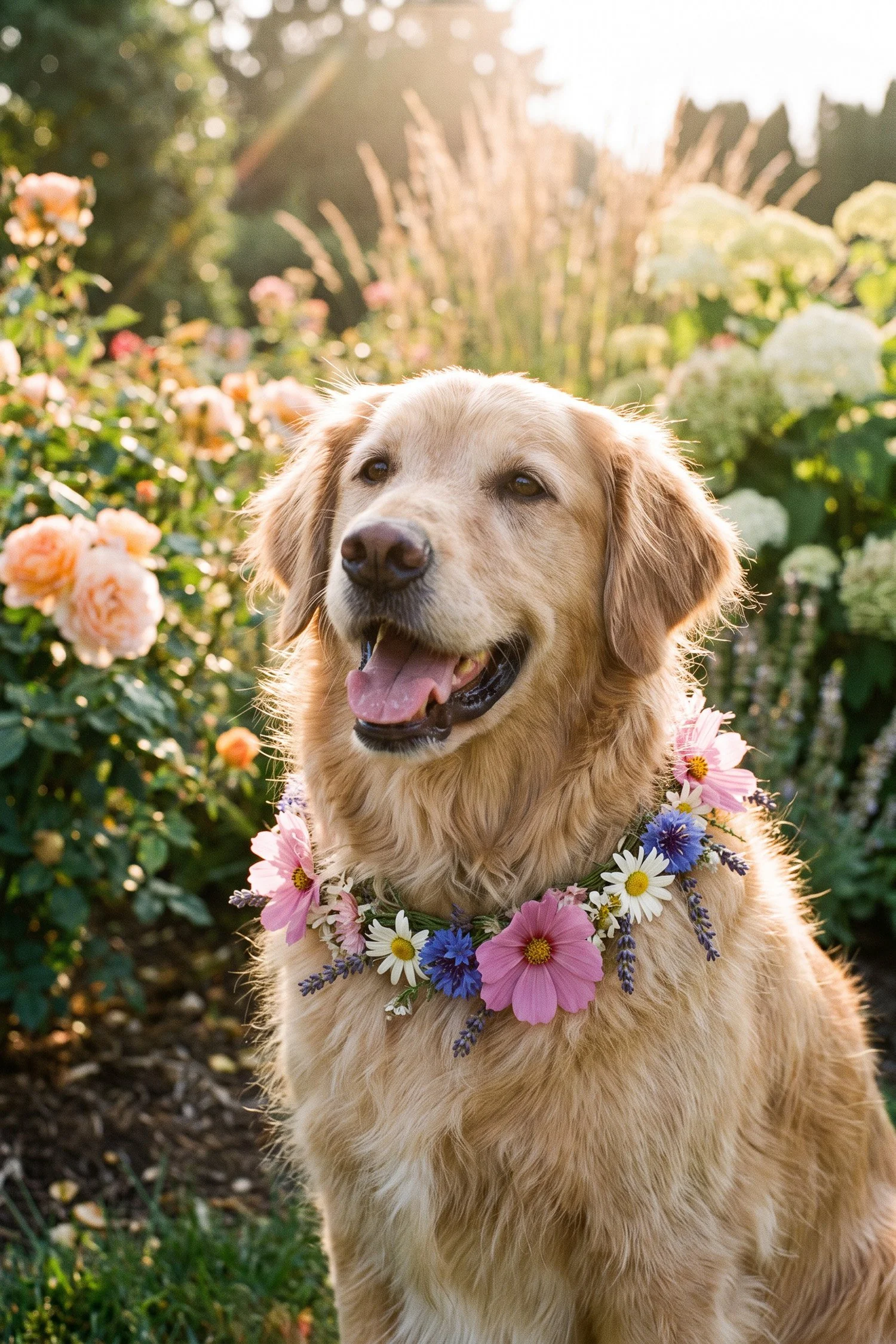 a happy Golden Retriever mix wearing an organic handmade floral collar band made of pink cosmos, white daisies, blue cornflowers, and sprigs of lavender.