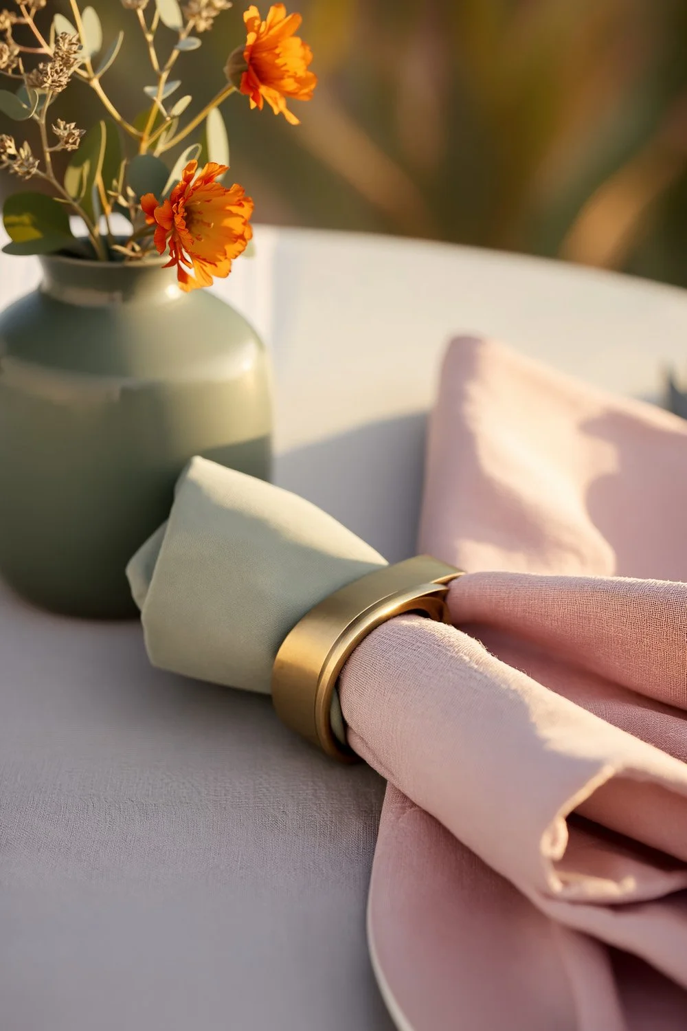 linen napkins and vase of orange wildflowers