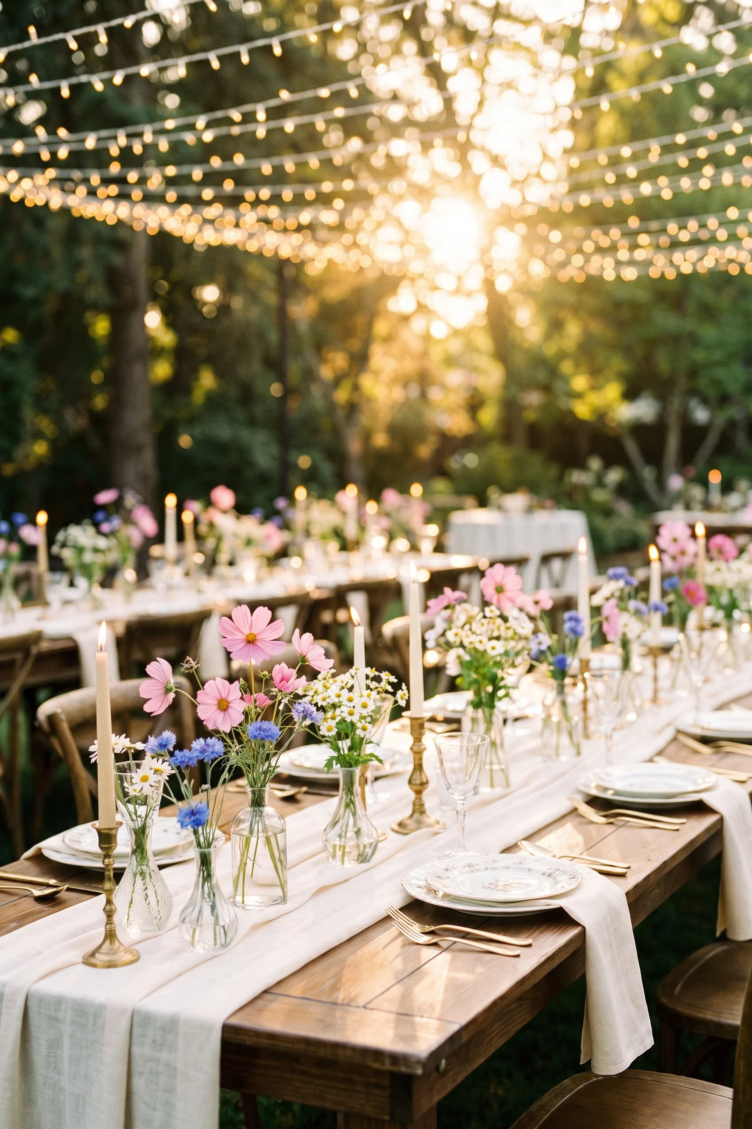 High-end editorial wedding photography of a long wooden farm table set for an outdoor spring reception under warm overhead fairy lights.