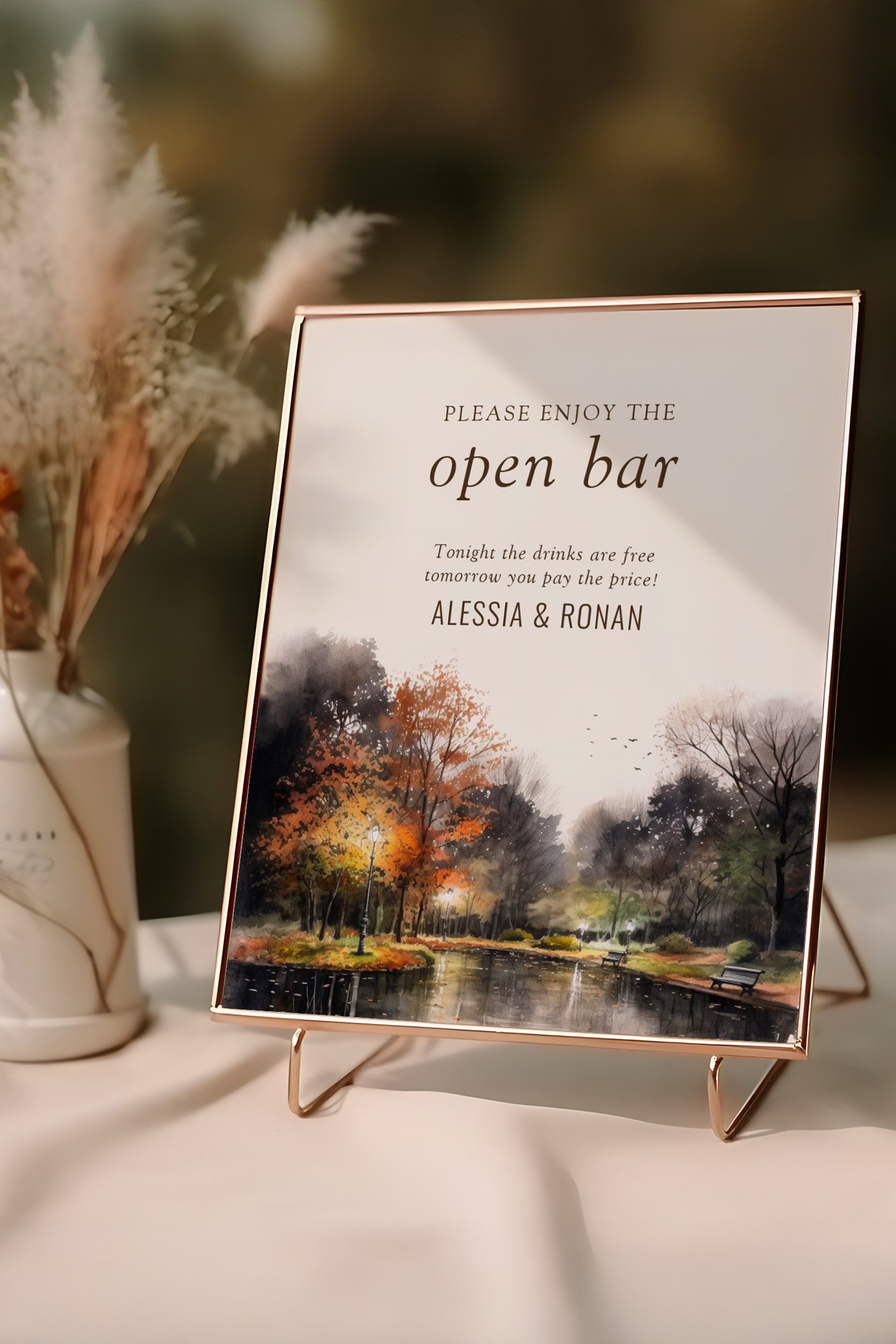 Open bar wedding sign illustrated with lake at night with autumn trees