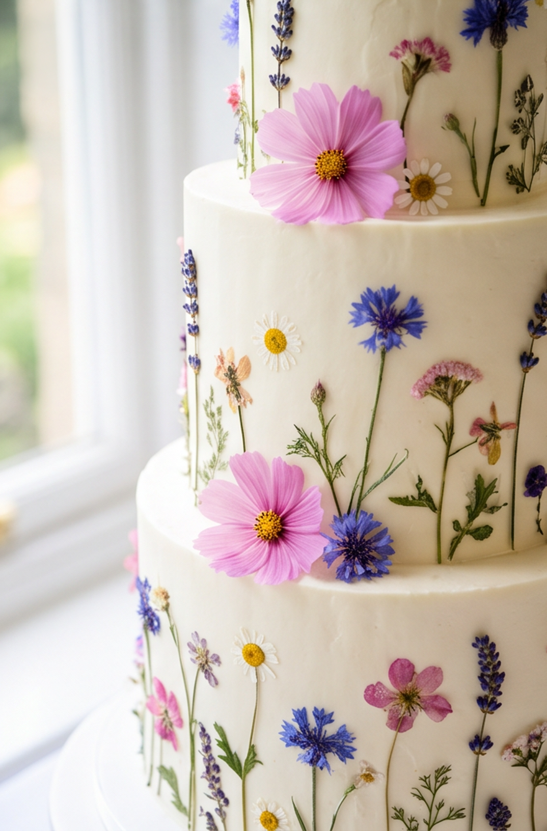 Wildflower wedding cake with fresh flowers gently pressed into the buttercream.