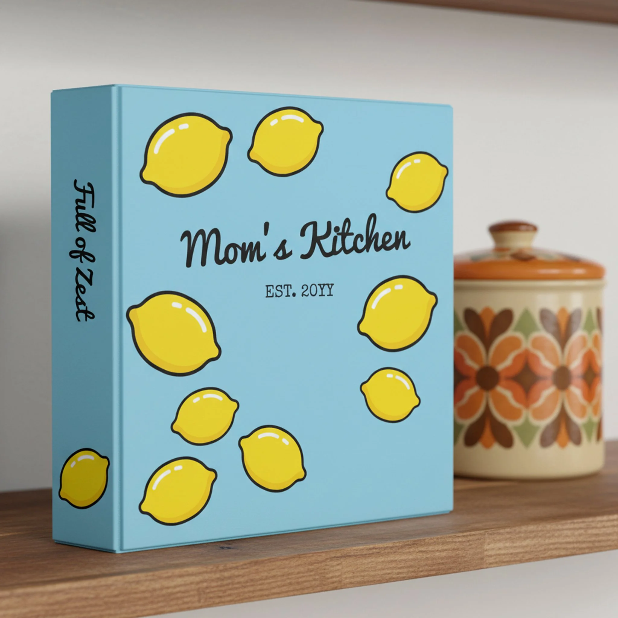 Kitsch Yellow Lemons Mom's Kitchen Retro Blue 3 Ring Binder.jpg