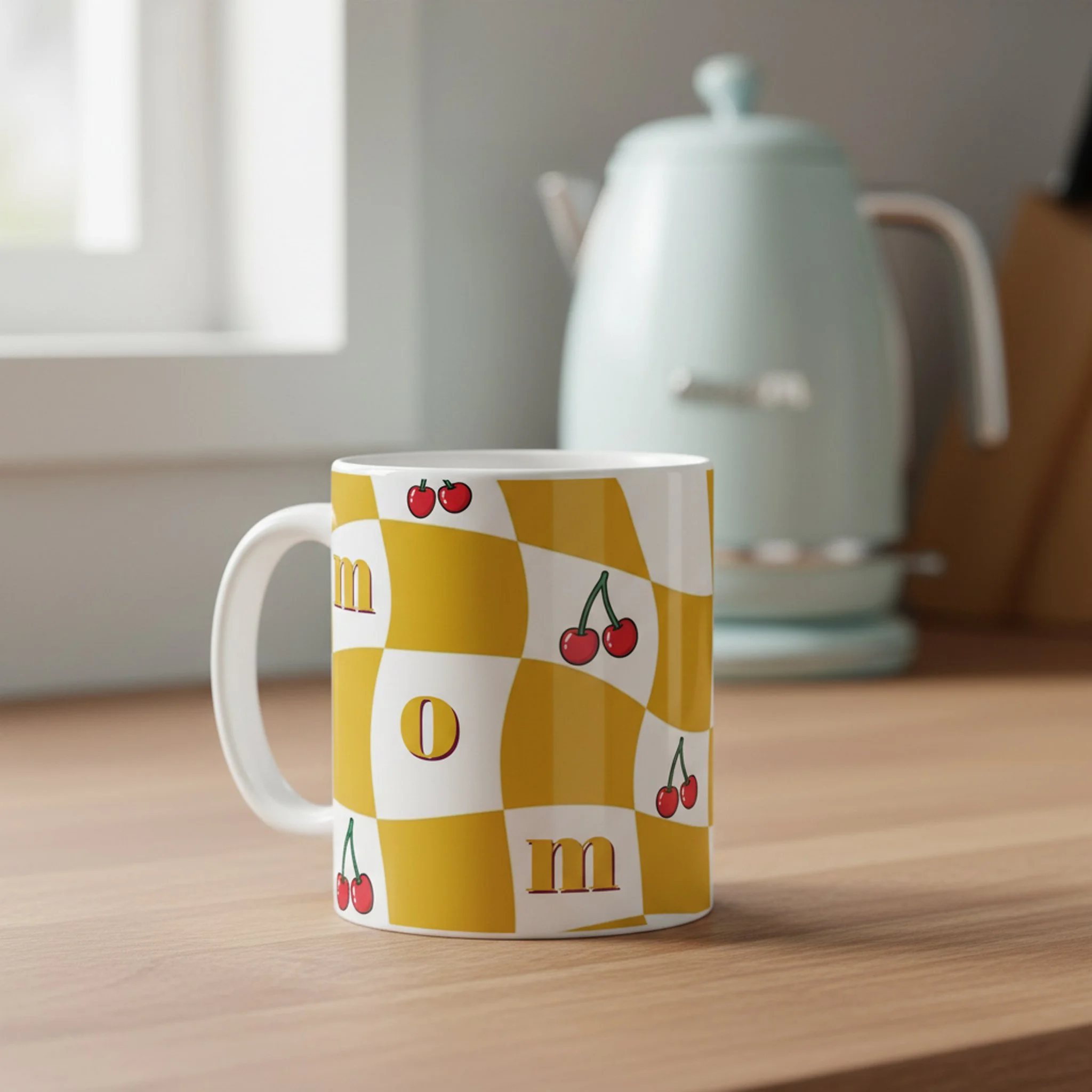 Groovy Cherry Checkerboard Kitchen Kitsch Mom Coffee Mug.jpg