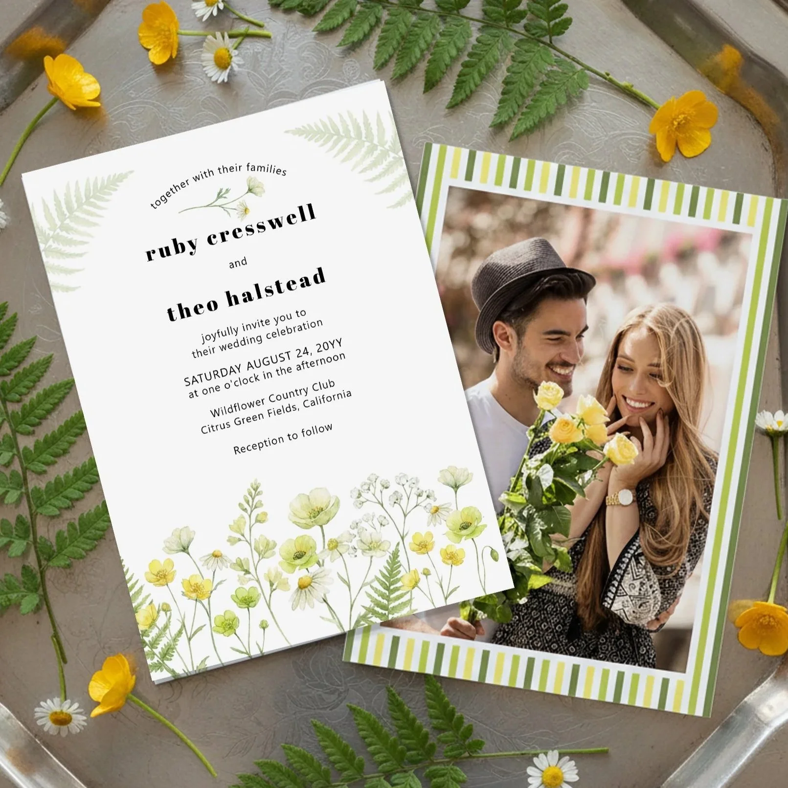 Wedding invitation with couples engagement photo on the back