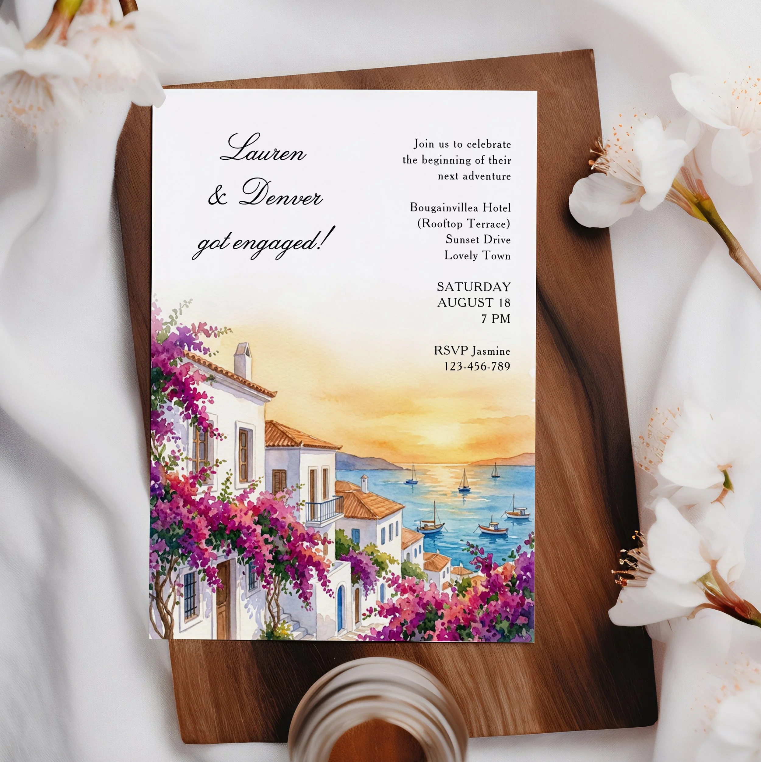 Greek Bougainvillea Sunset Engagement Party Invitation.jpg