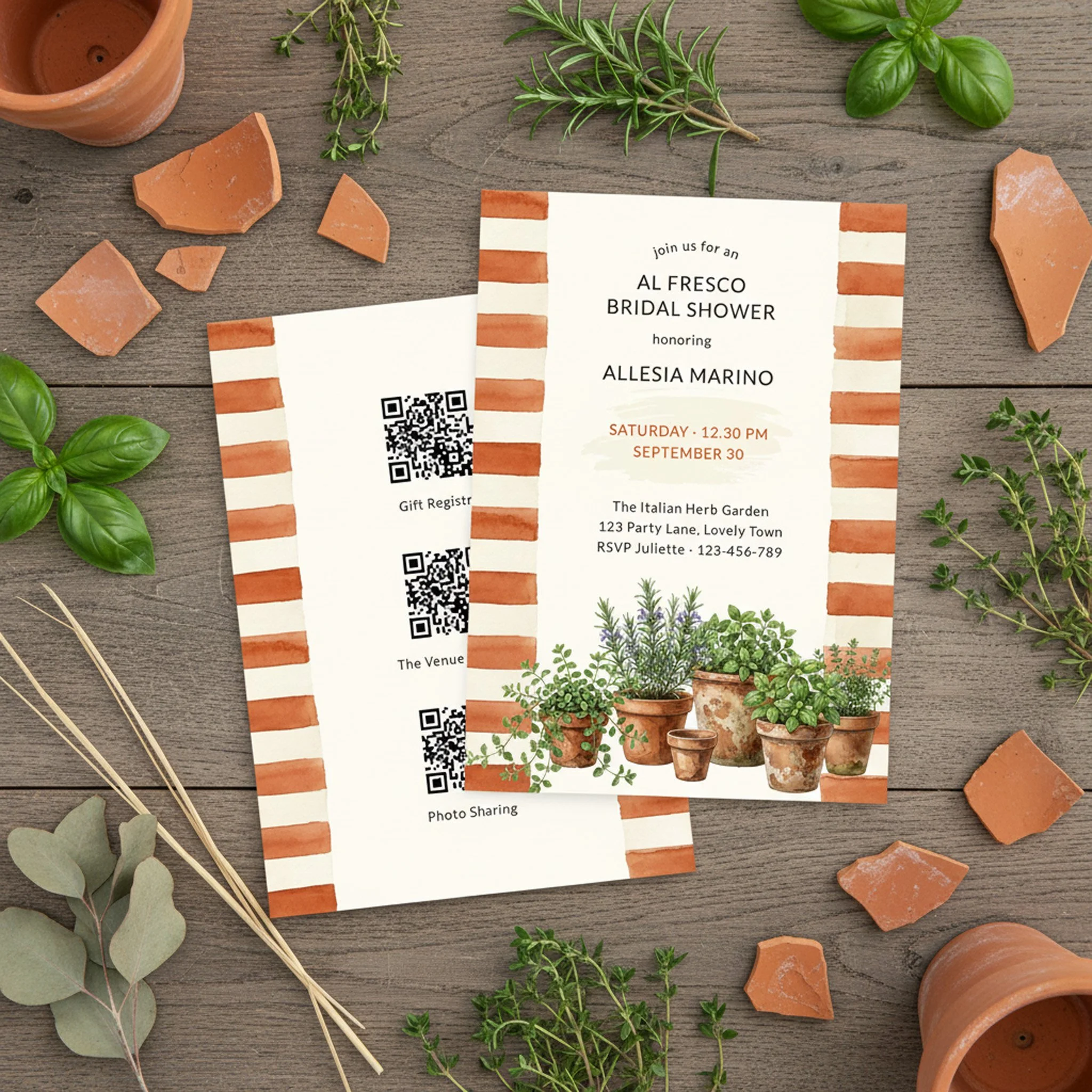 Al Fresco Terracotta Striped Italian Herb Bridal Shower Invitation