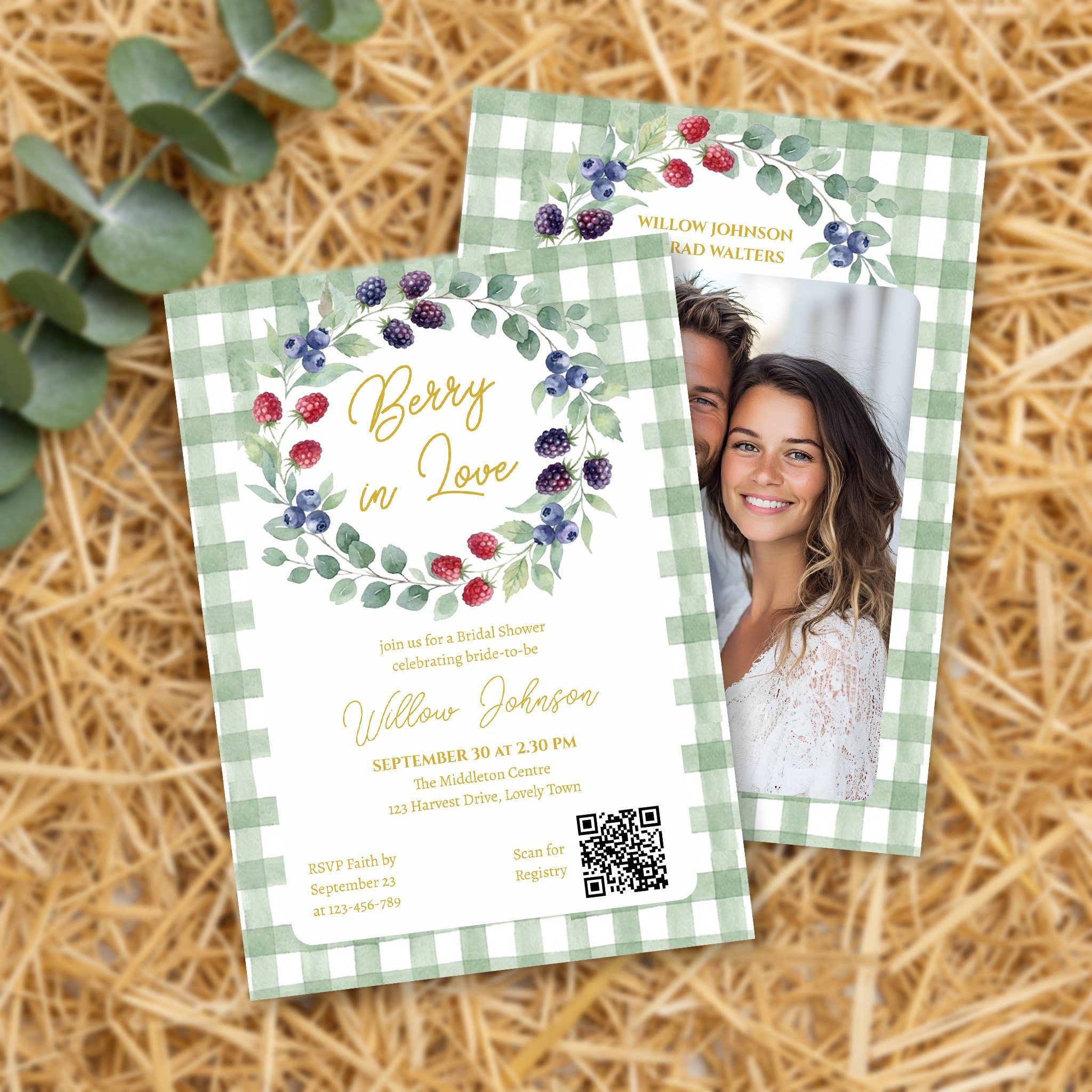 Sage Green Berry in Love Gingham Bridal Shower Invitation
