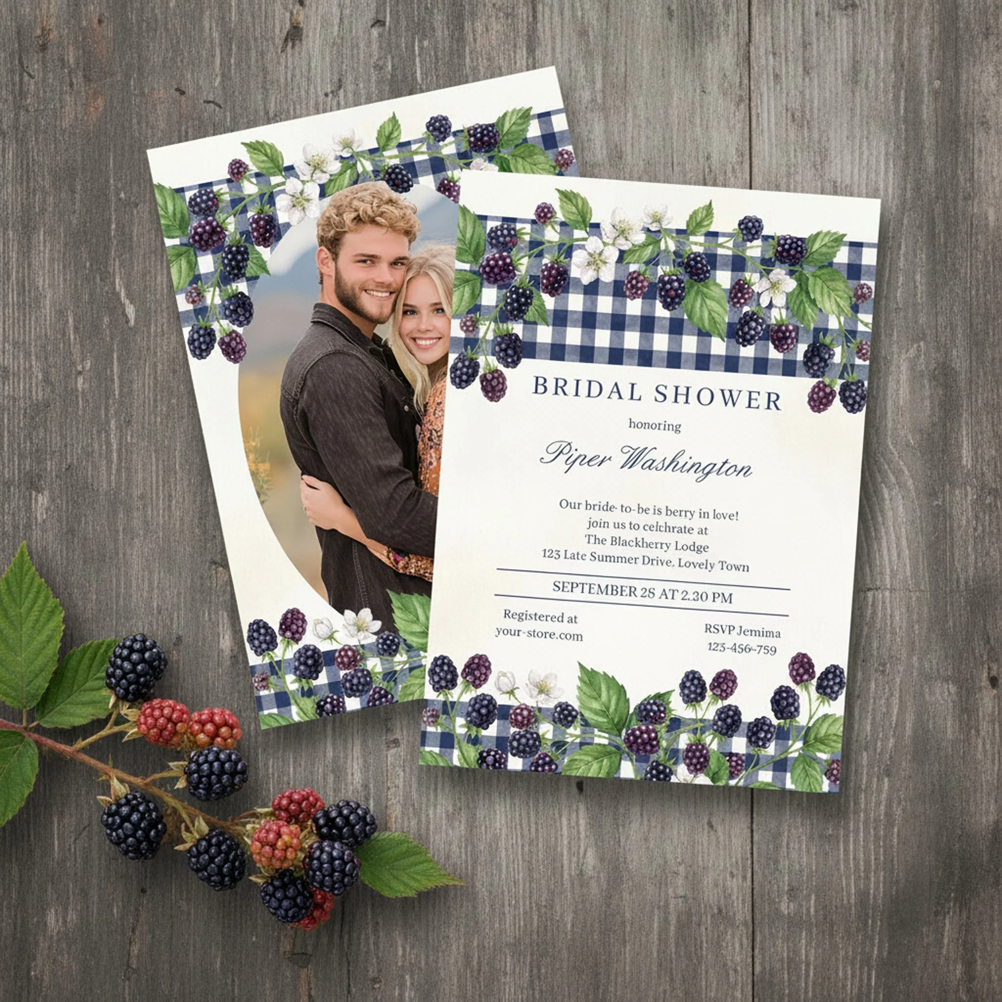 Navy Gingham Blackberry Berry in Love Bridal Shower Invitation