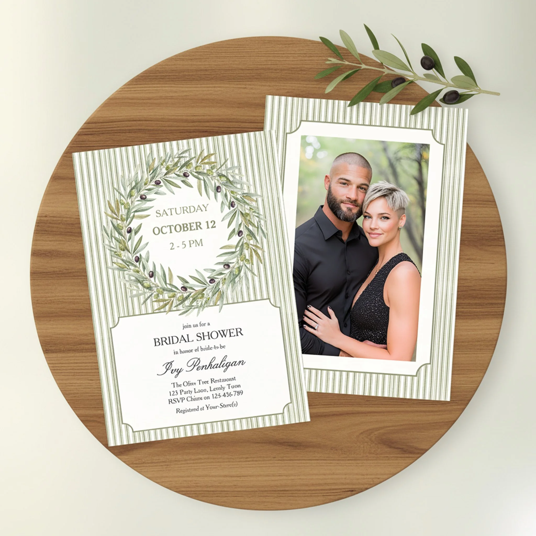 Tuscan Olive Green Ticking Stripe Bridal Shower Invitation