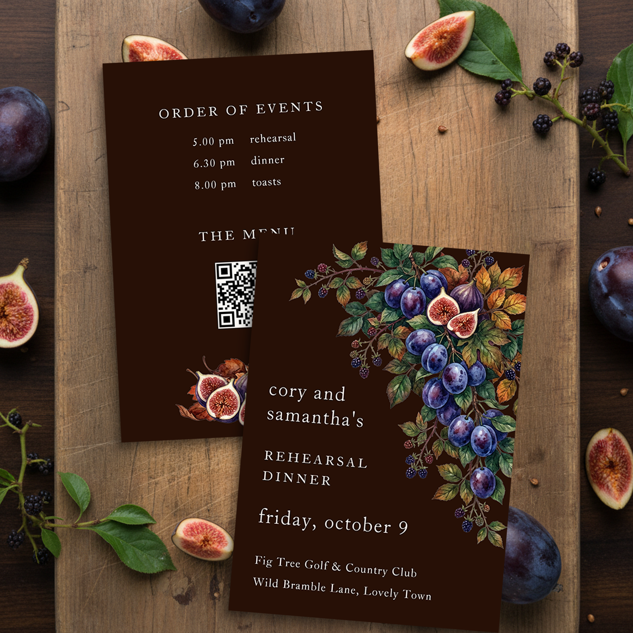 Moody Harvest Plum Fig Rehearsal Dinner Invitation