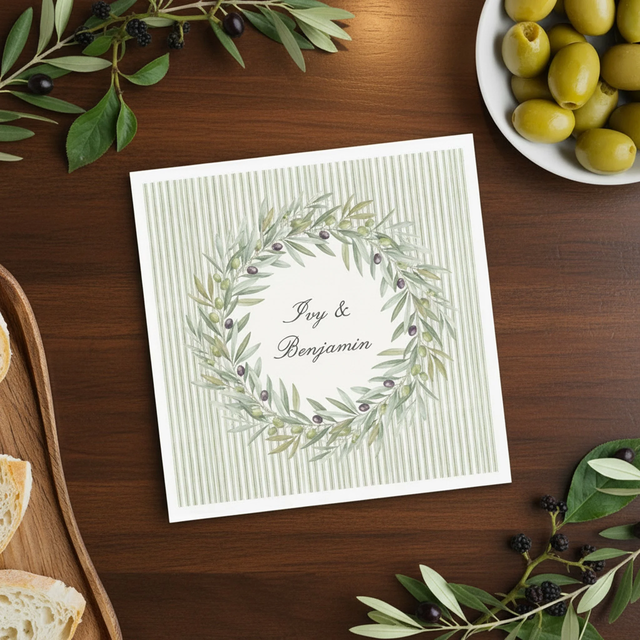 Classic Sage Green Stripe Monogrammed Wedding Cocktail Napkins