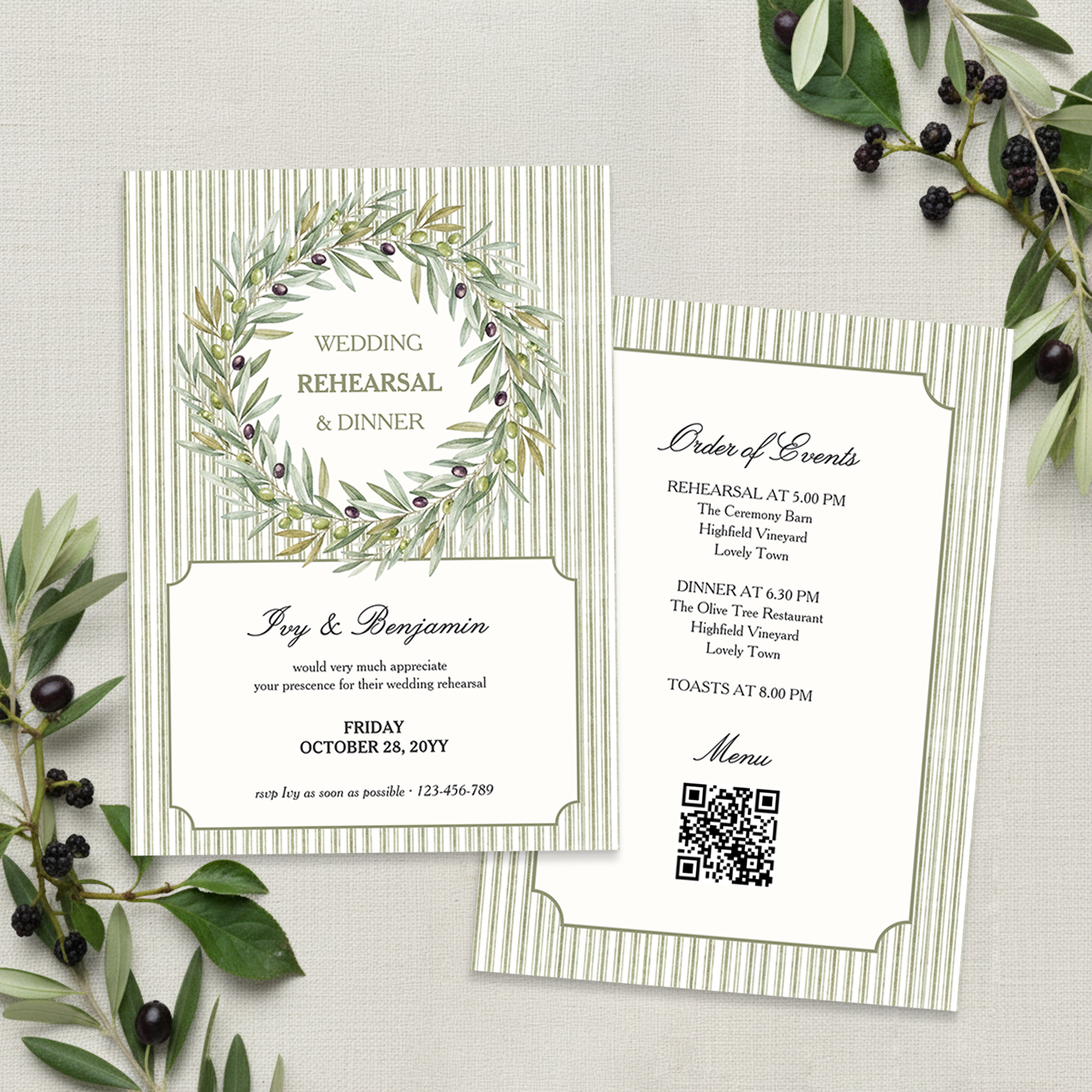Tuscan Olive Branch and Sage Green Stripe Rehearsal Dinner Invitation