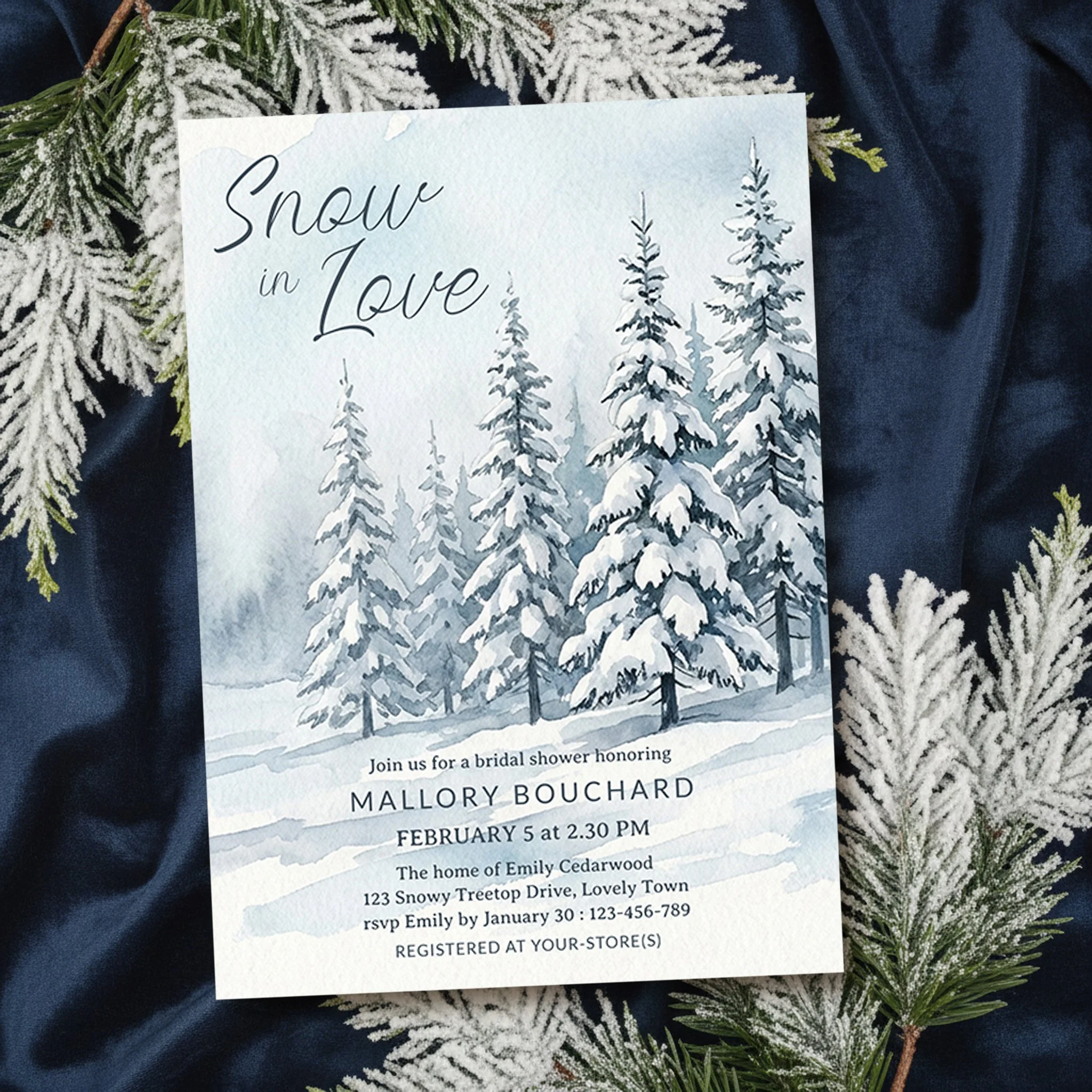 Snow in Love Winter Snowy Forest Bridal Shower Invitation