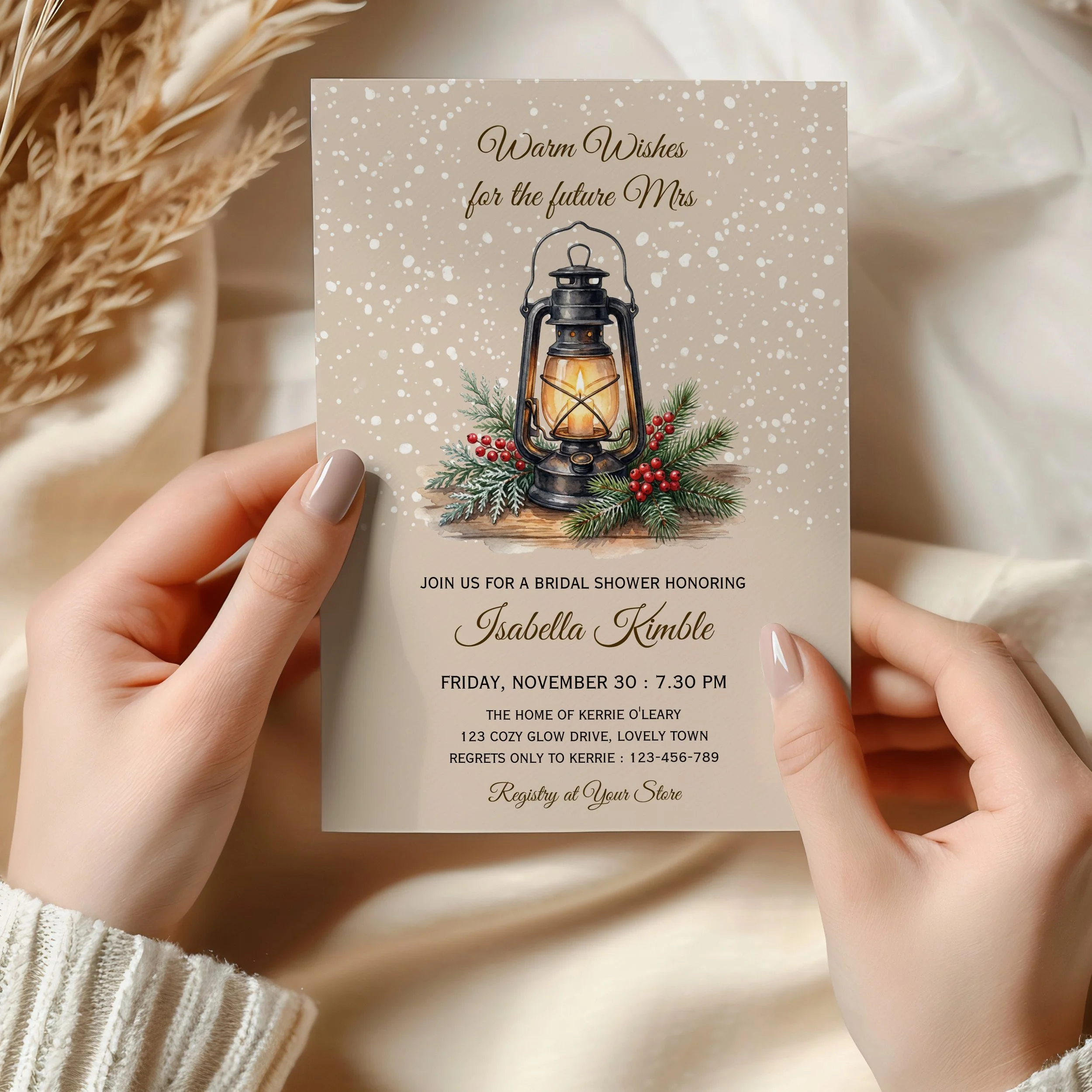 Warm Wishes for the Future Mrs Cozy Lantern Bridal Shower Invitation