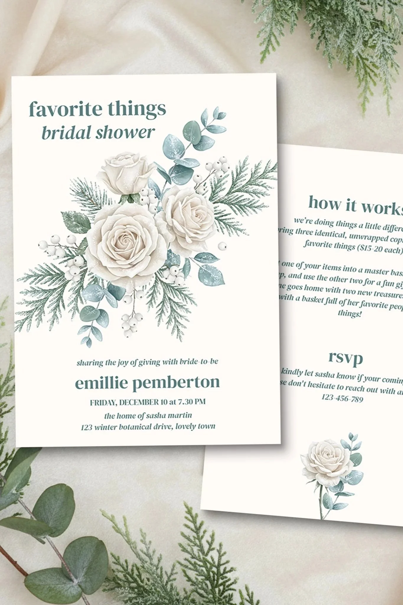 Favorite Things White Rose Winter Greenery Gift Exchange Bridal Shower Invitation