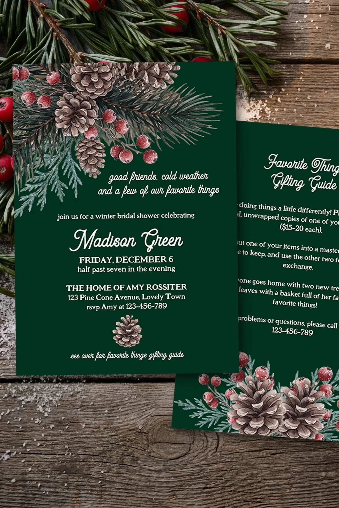 Nordic Pine and Berries Favorite Things Winter Bridal Shower Invitation