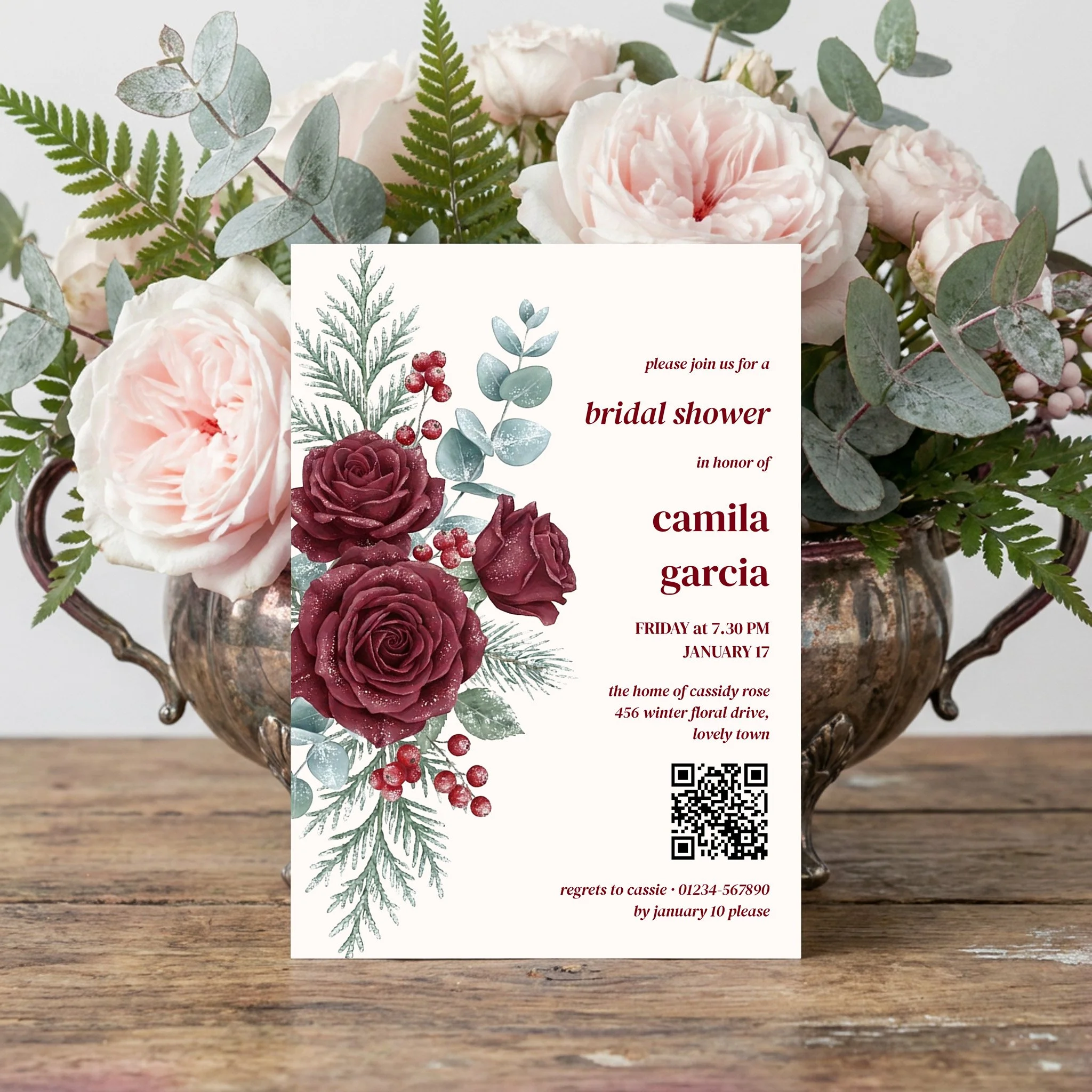 Burgund Roses and Winter Greenery Bridal Shower Invitation