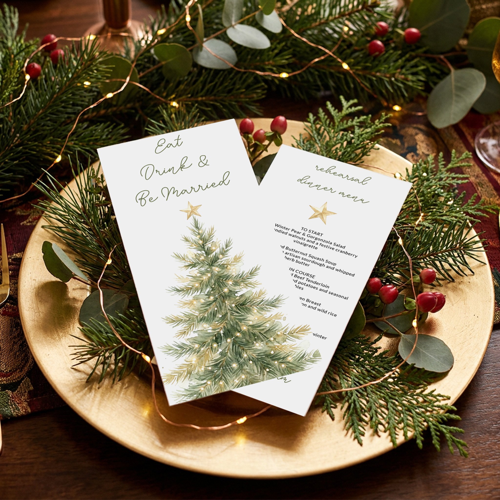 Christmas Tree Gold Star Rehearsal Dinner Menu Cards on Gold Plate (Copy)