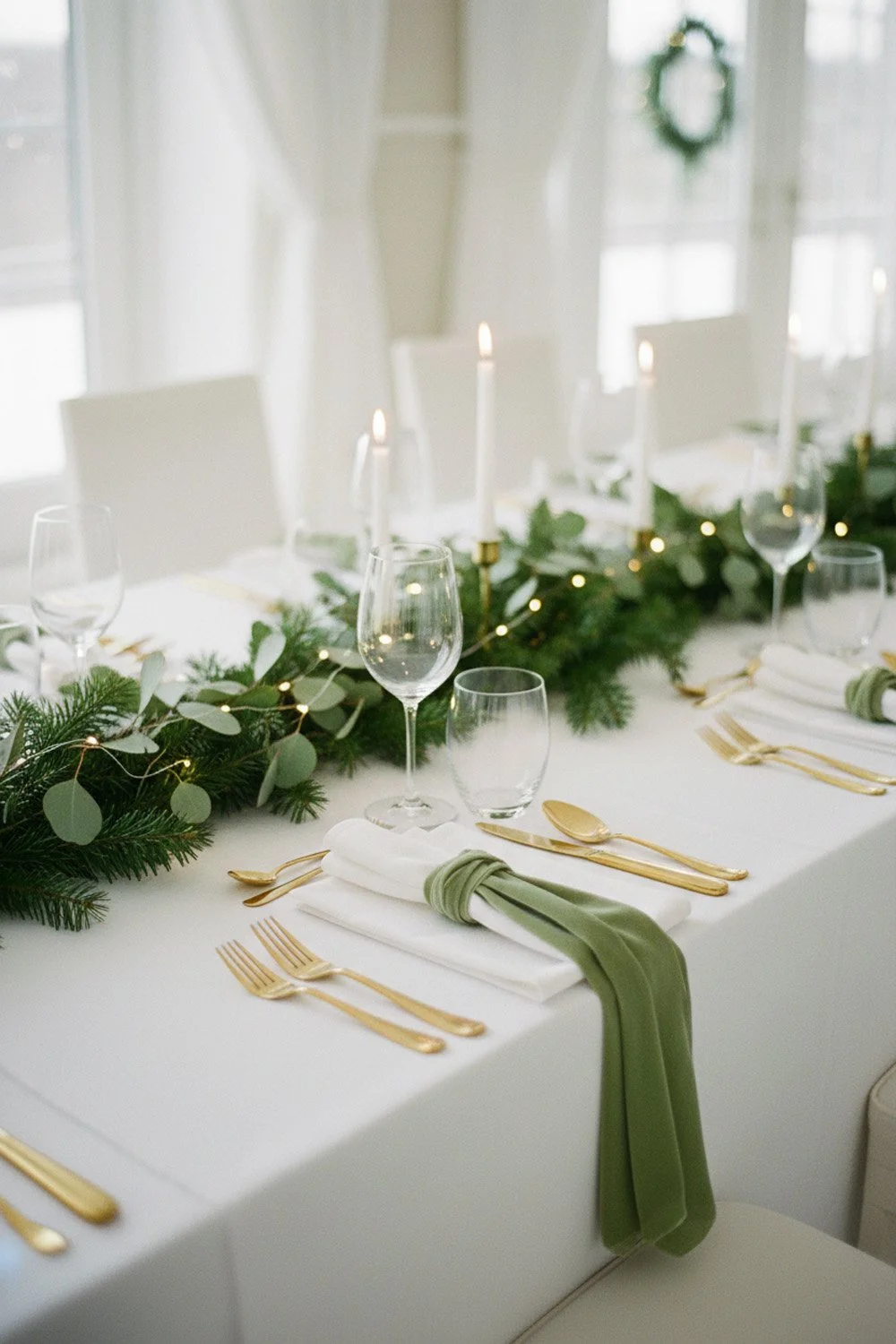Modern Clean and Airy Winter Rehearsal Dinner Tablescape