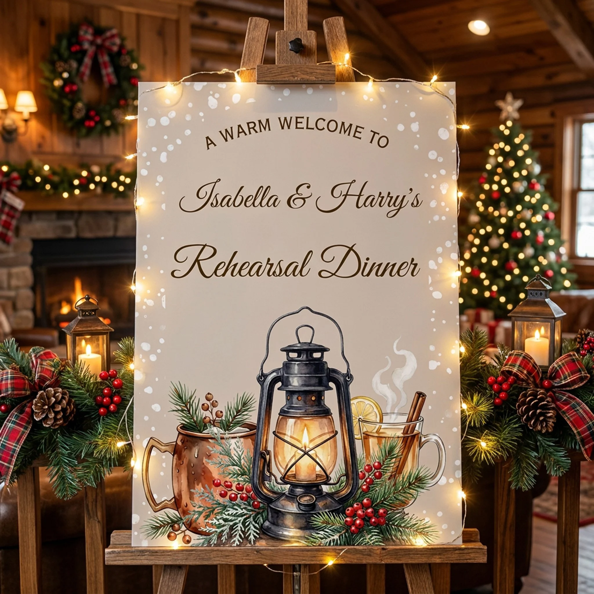 Cozy Winter Lantern Rehearsal Dinner Welcome Sign on Easel