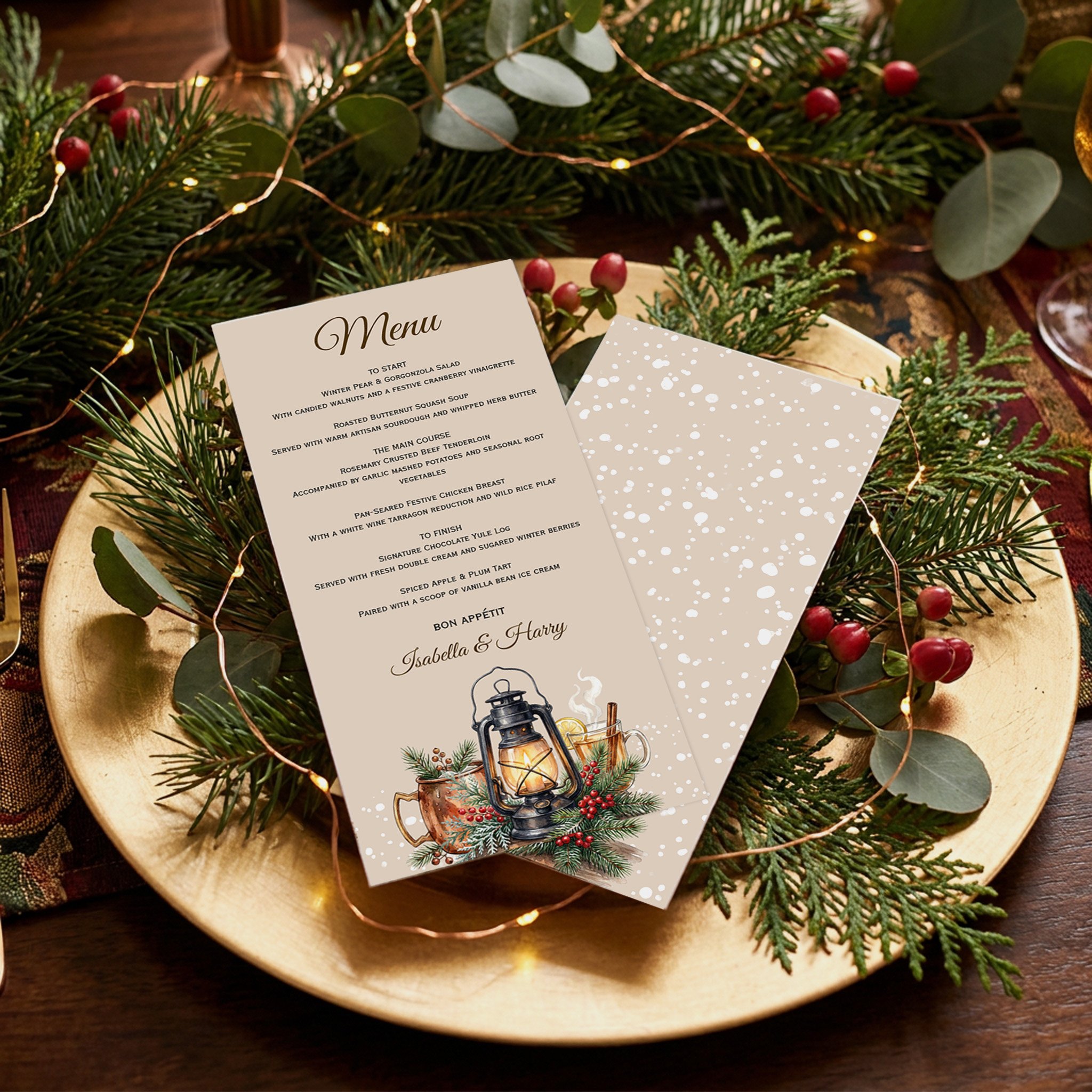 Winter Lantern Cozy Drinks Rehearsal Dinner Menu on Gold Plate