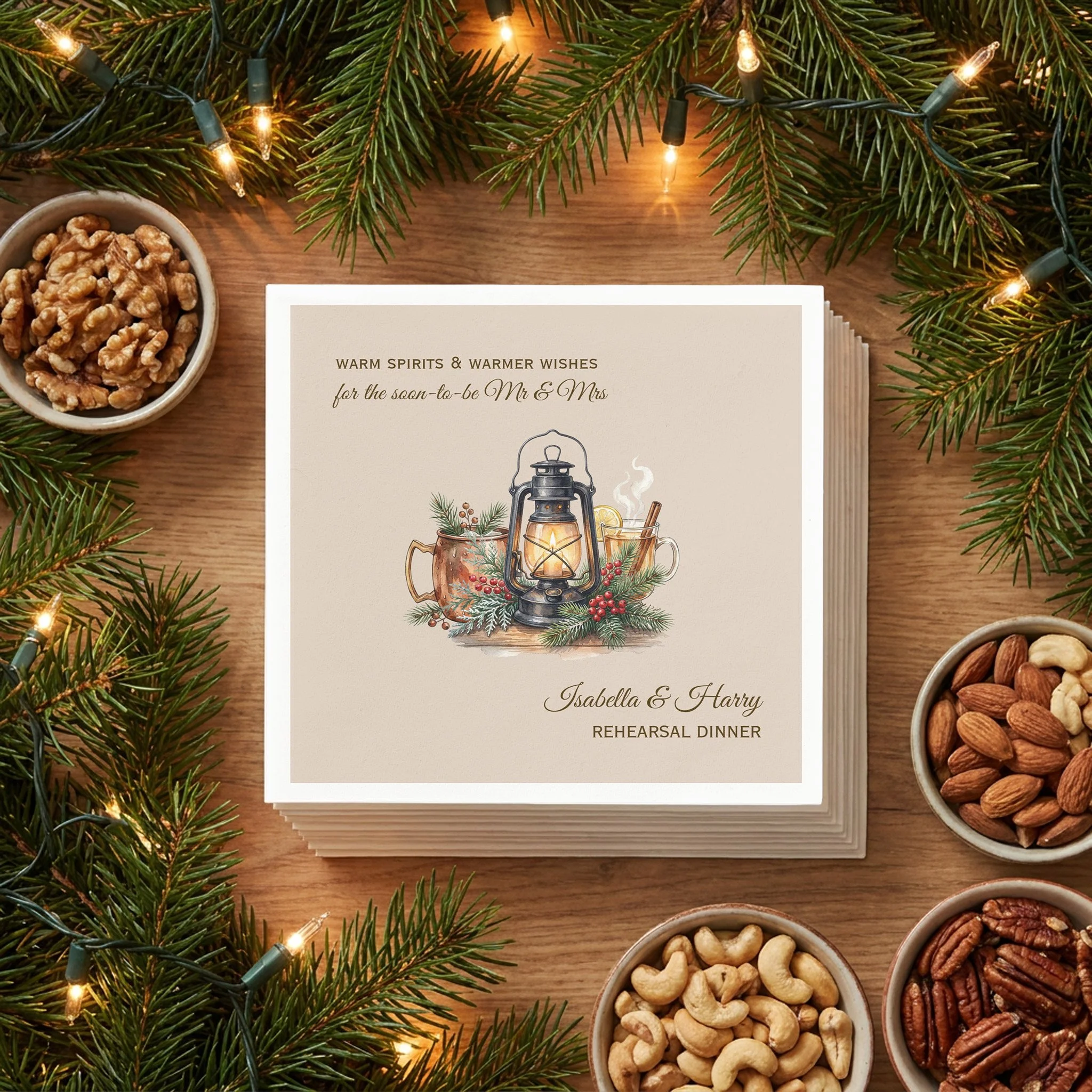 Warm Spirits Winter Lantern Rehearsal Dinner Napkins Flat-Lay