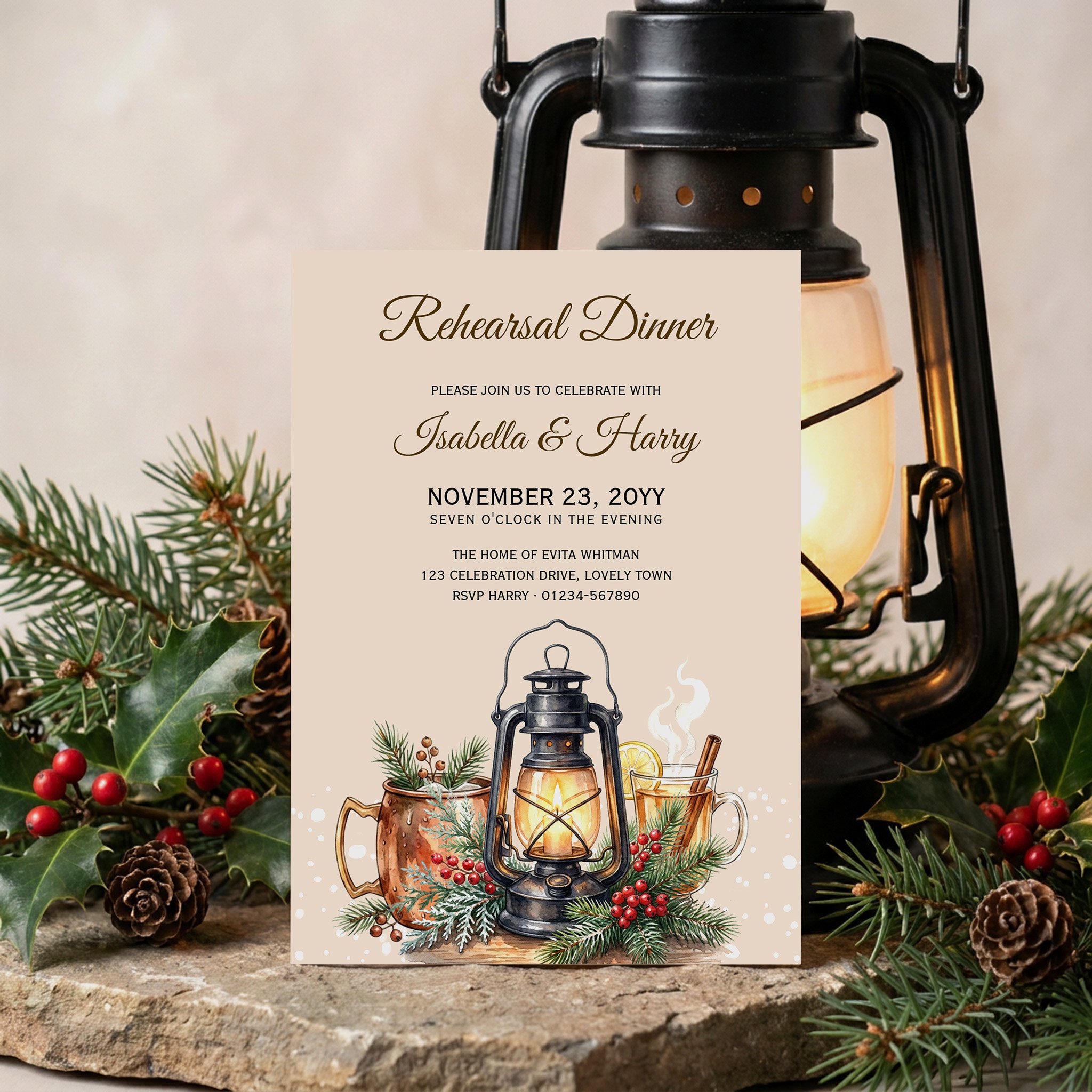 Winter Lantern Rehearsal Dinner Invitation with Vintage Lantern