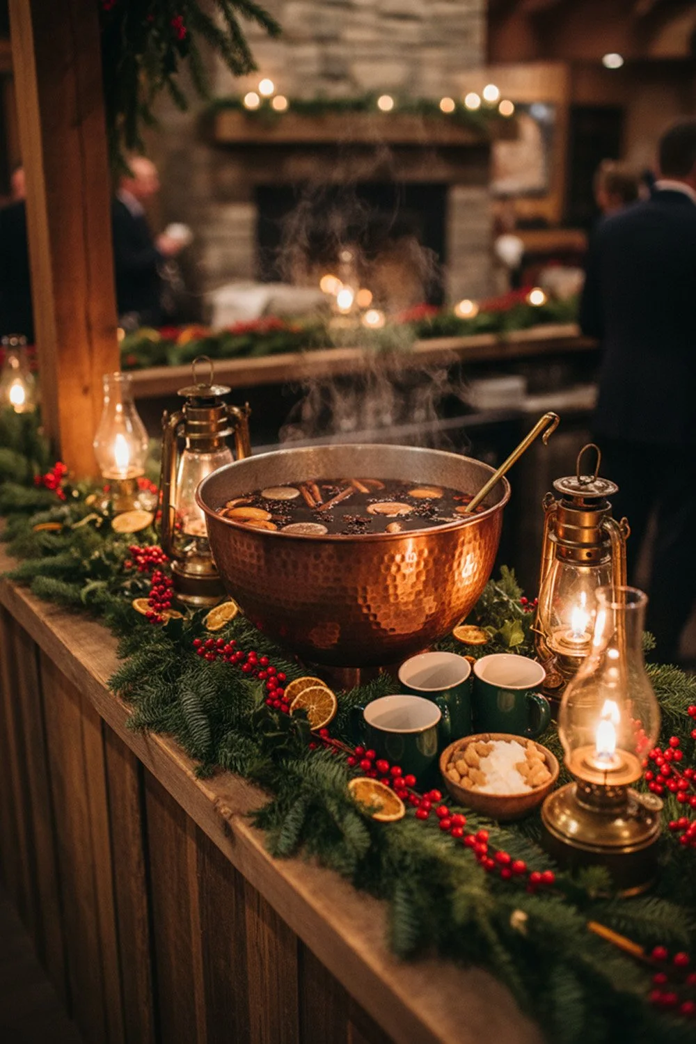 inspirational image of a rustic bar set-up with a cozy, high-end winter drink station at a ski lodge wedding reception.