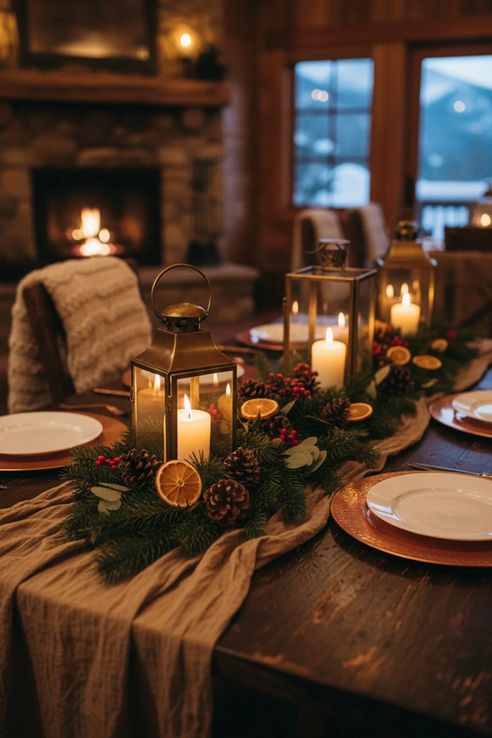 An inspirational lifestyle image of a rustic-luxury winter rehearsal dinner tablescape inside a cozy mountain lodge.