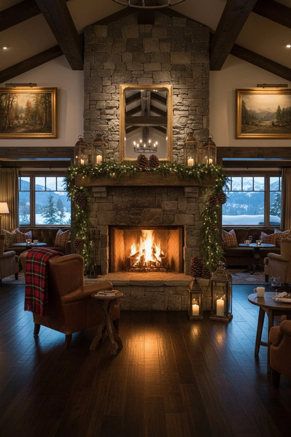 Inspirational concept image of a luxury mountain lodge lounge area for a winter wedding rehearsal, featuring a grand stone fireplace with a roaring fire