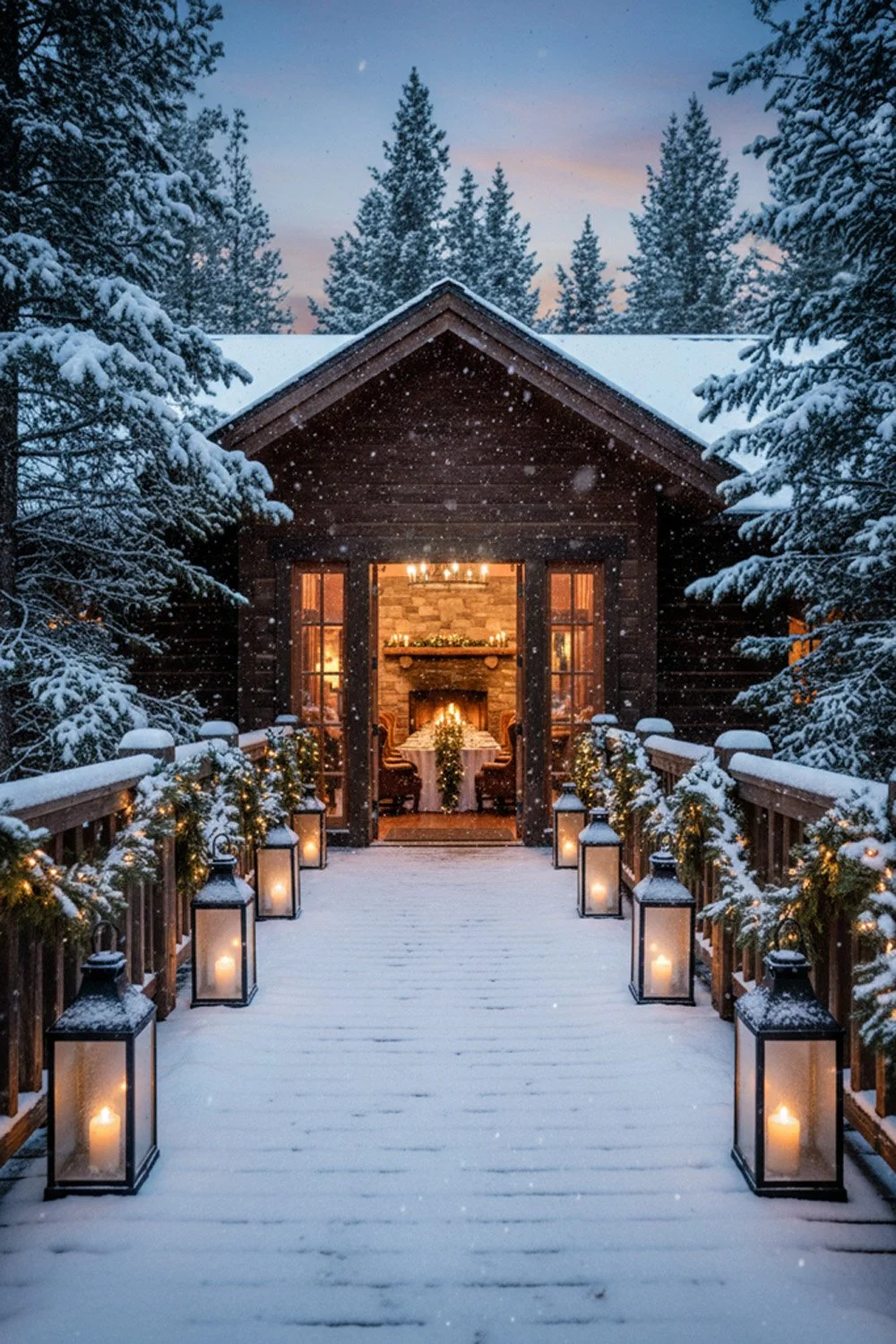 Inspirational image of an enchanting winter evening entrance for a mountain resort rehearsal dinner with a rustic wooden porch lightly dusted with snow.