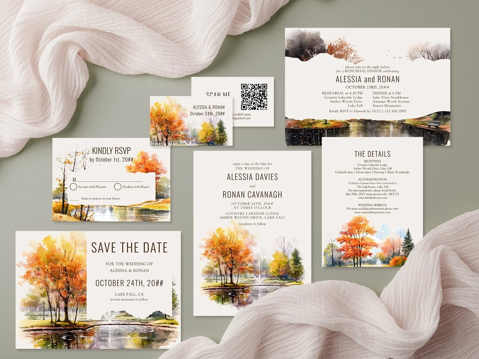 Wedding stationery from the Autumn Lake collection by Darling & May