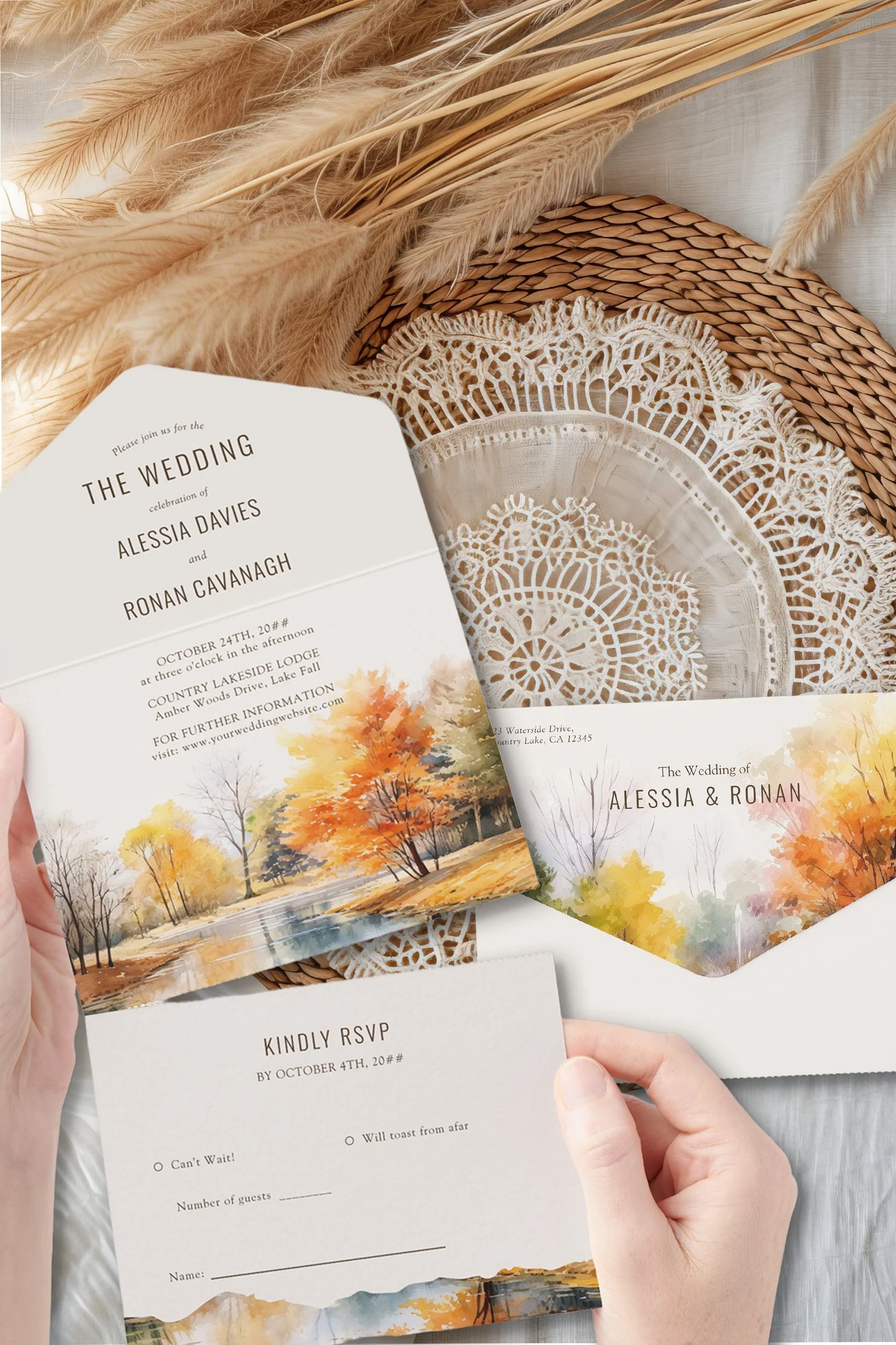 All in One wedding invitation with tear-off RSVP card and fall landscape of in woodsy setting