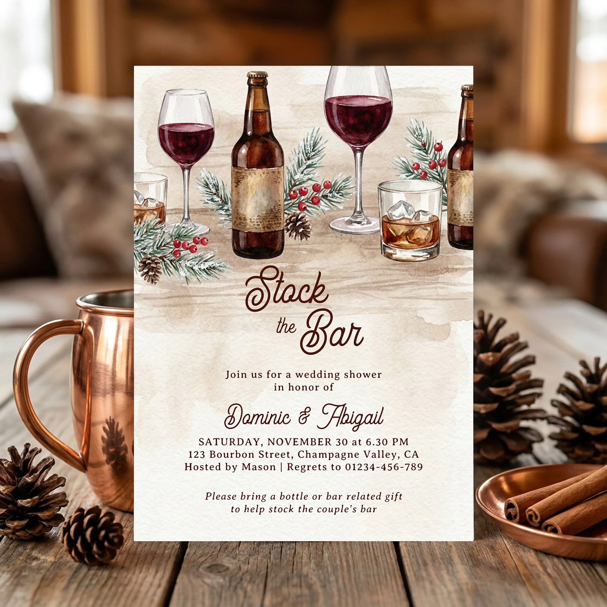 Stock the Bar Couples Shower invitation with rustic watercolor design including wine, beer and winter greenery