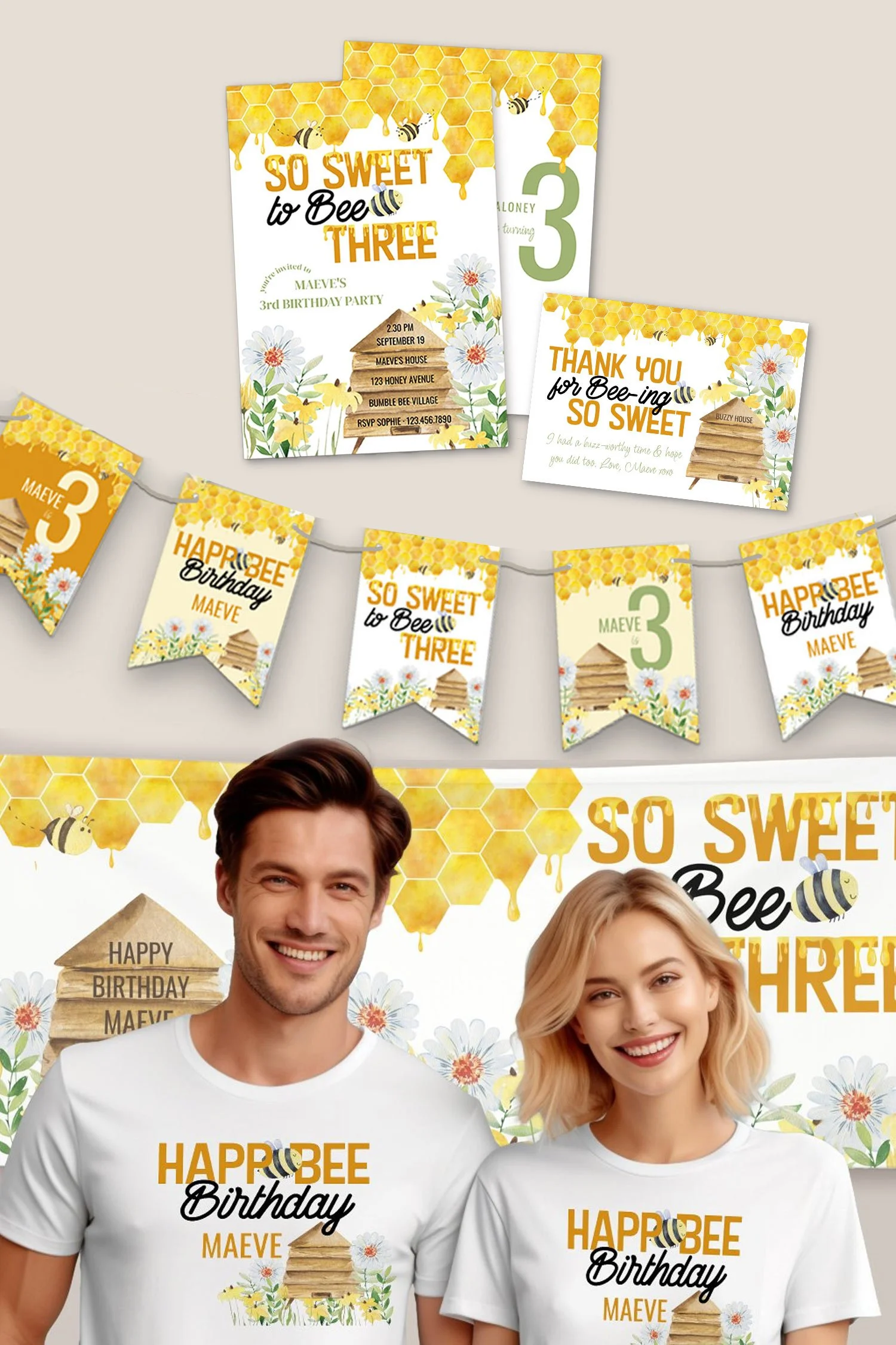 Product collage showing So Sweet to Bee Three themed 3rd birthday party invitation, thank you card, bunting, banner and birthday shirts.