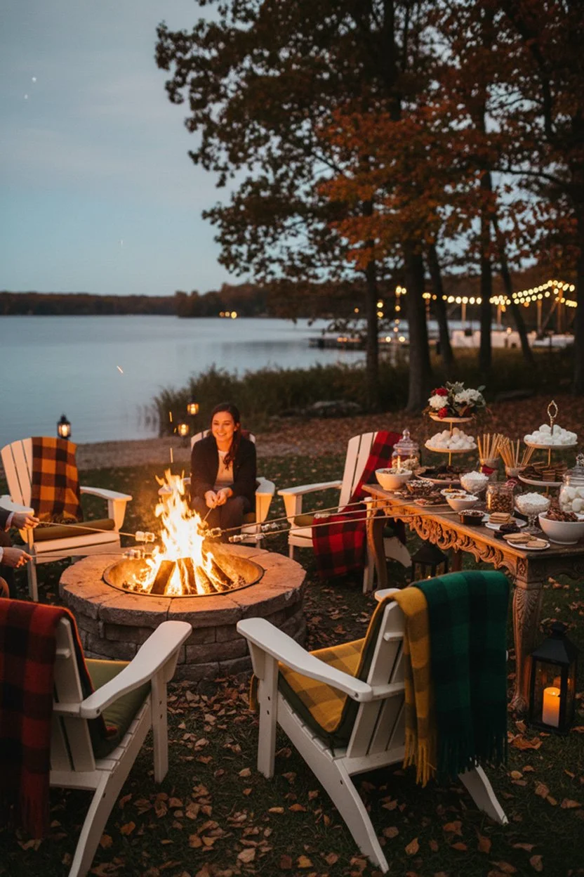 Lakeside fire pit complete with a gourmet s'mores station and warm wool throws for the evening.
