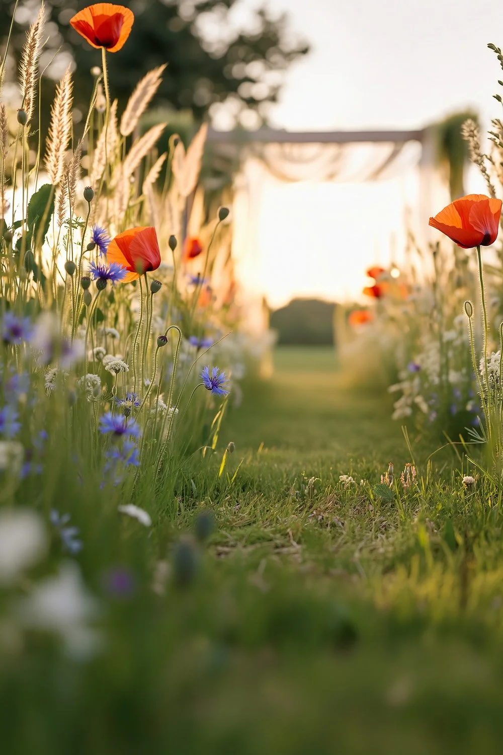 Wildflower Meadow Aisle at outdoor wedding ceremony with poppies and cornflowers