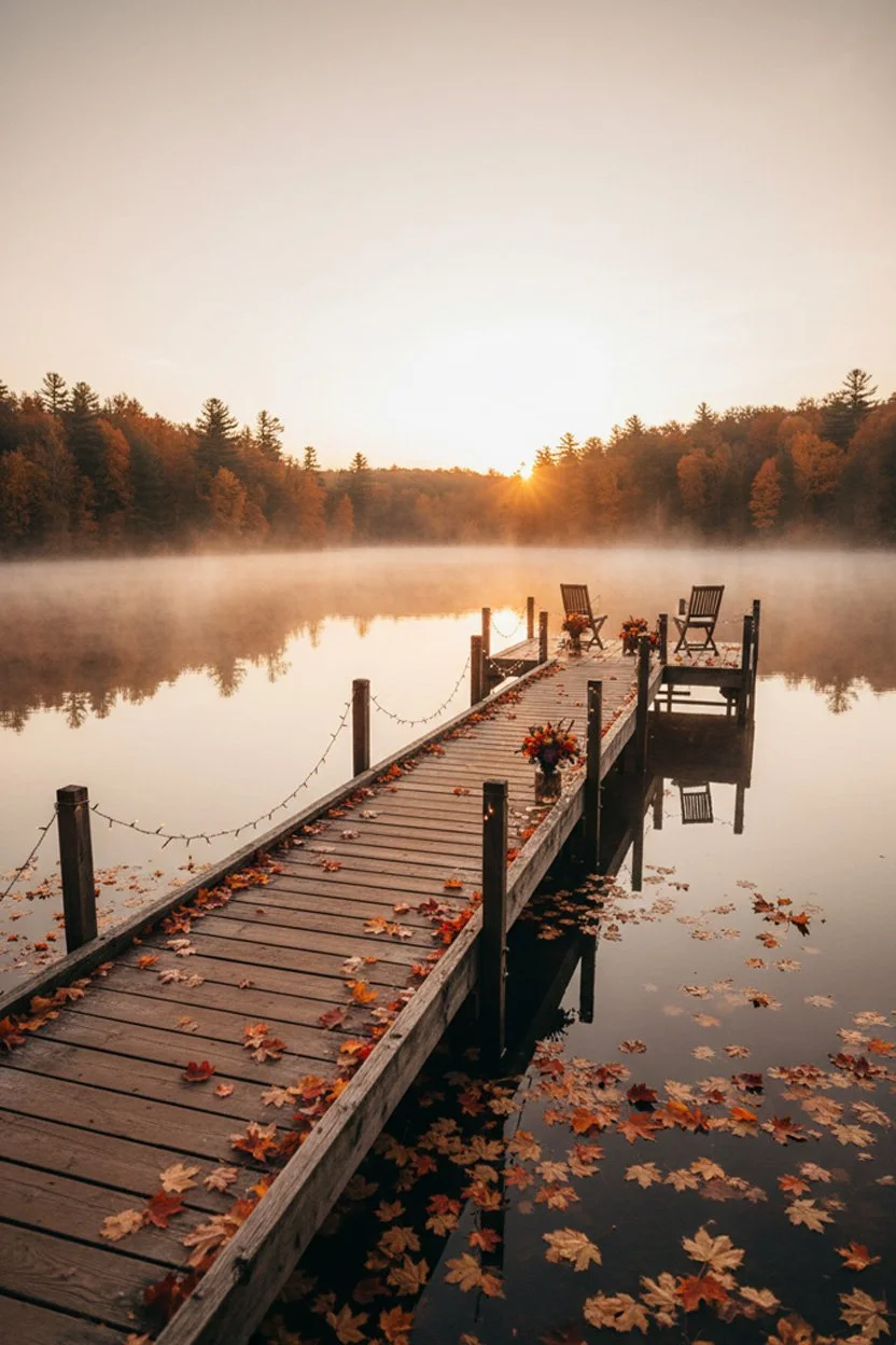 Rustic wooden dock with a light mist over the water and a few scattered maple leaves in vibrant red and orange.