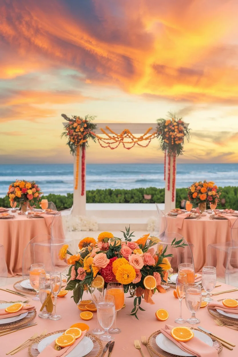 A dreamy beachside wedding with a citrus and sunset theme. Vibrant orange, pink, and yellow hues fill the sky, mirrored in the floral arrangements and table settings