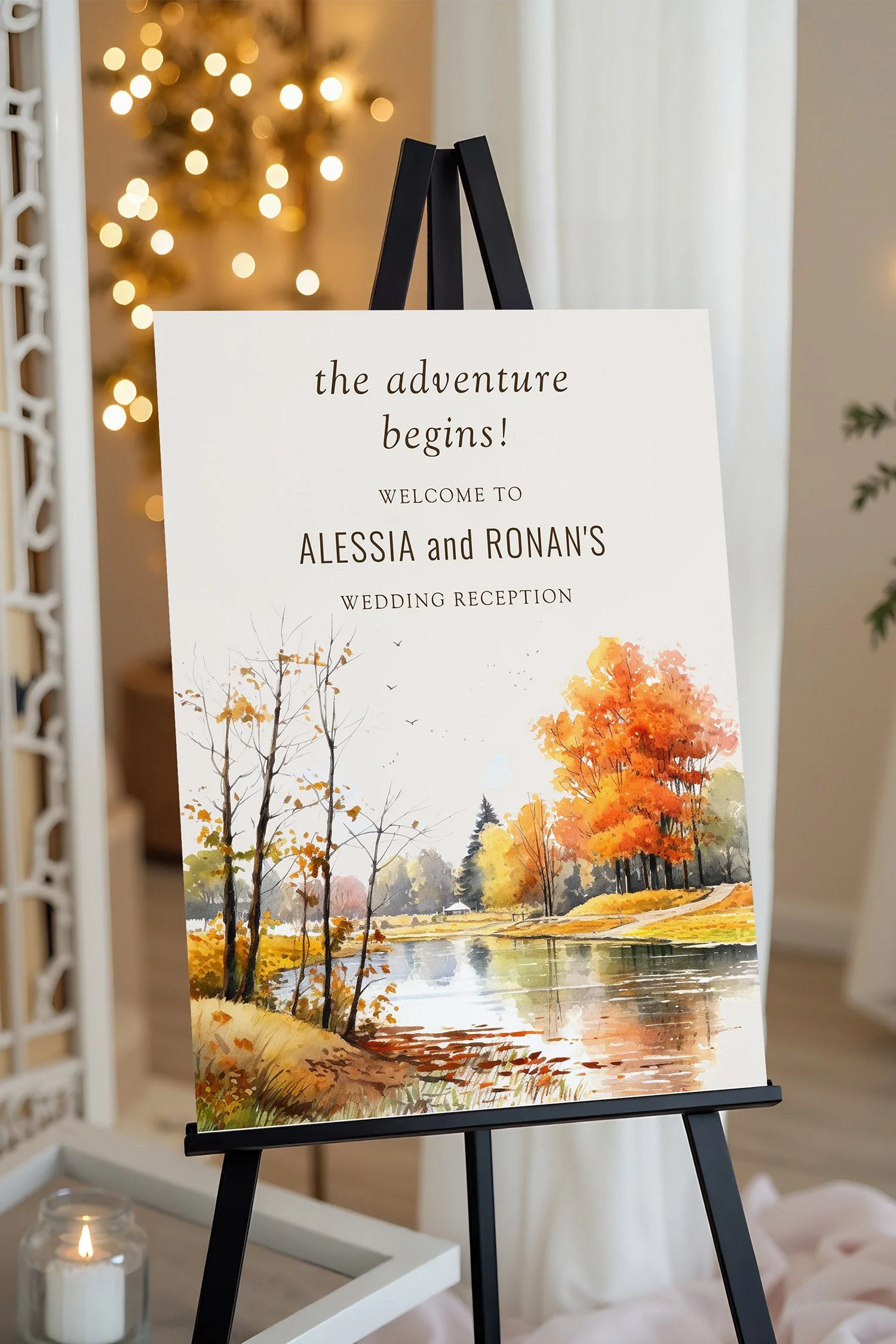 Wedding reception welcome sign illustrated with lake and fall trees