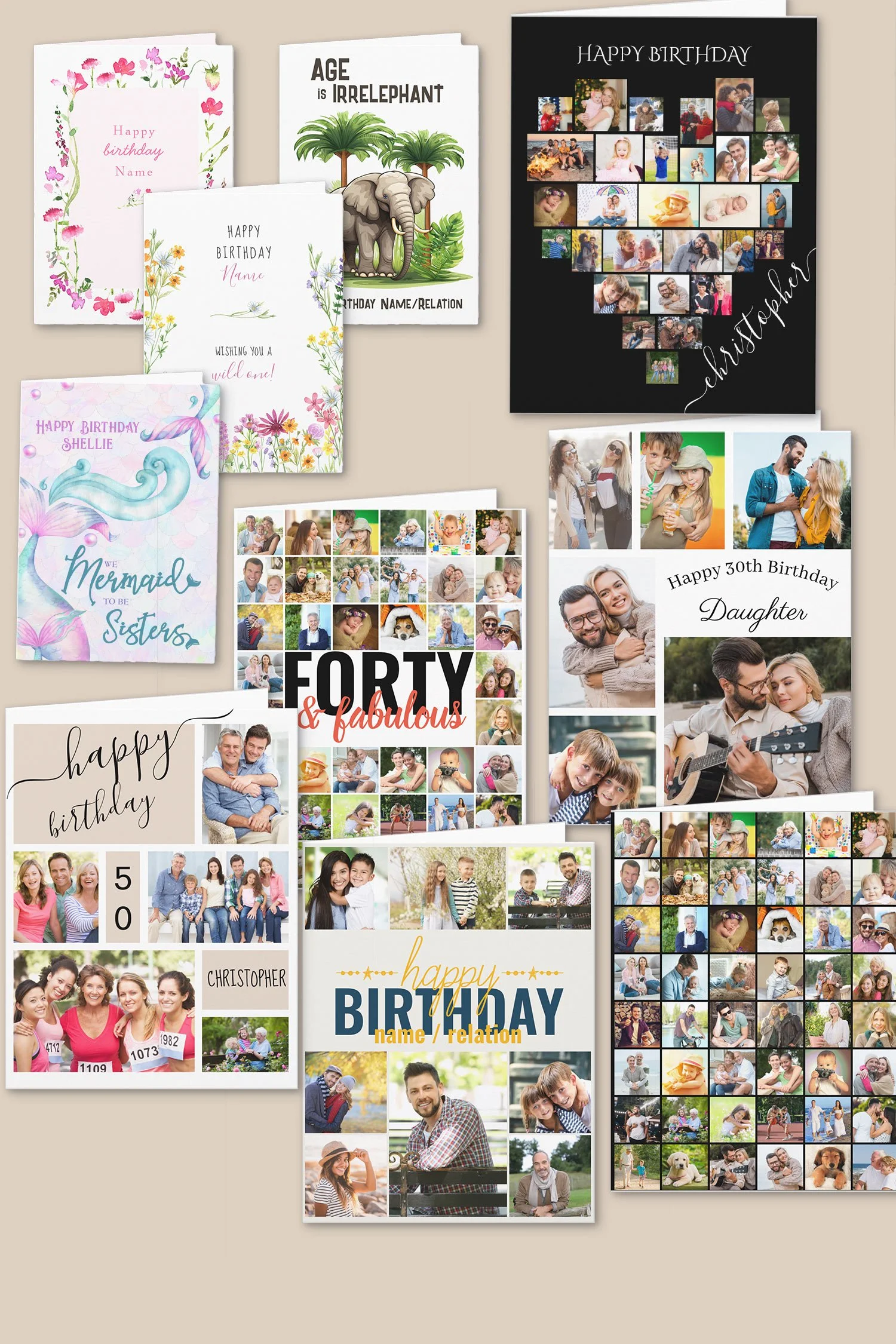 product photo collage of birthday cards including funny birthday cards, floral birthday cards and birthday cards with photos
