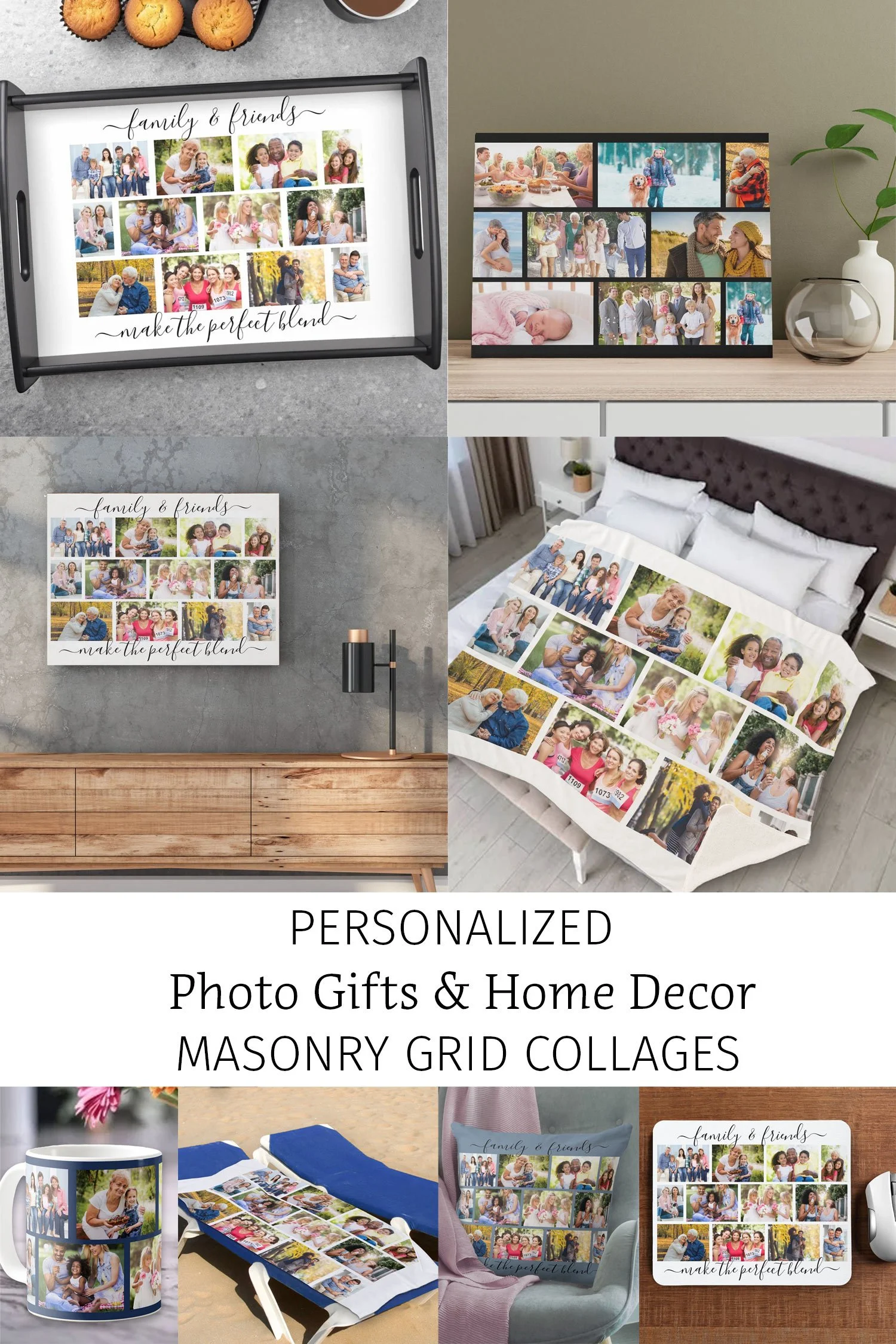 A collage of photo gifts with the customers photos displayed in a masonry grid style layout