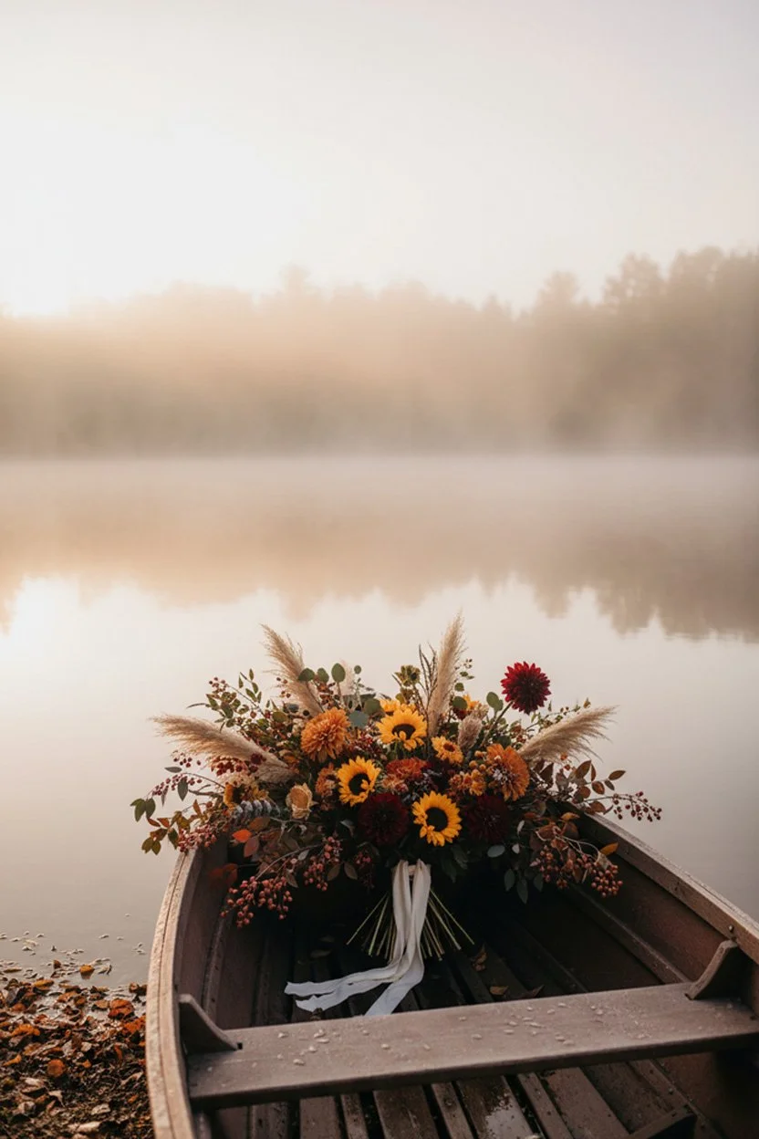 Lake wedding venue showing the misty lake at dawn with a single wooden rowboat filled with autumn florals.
